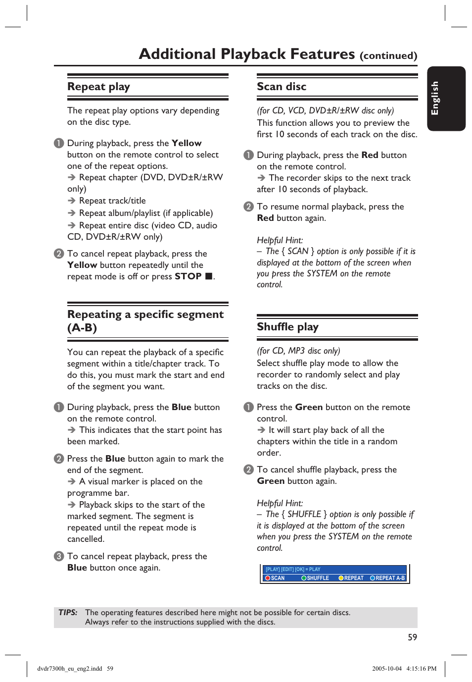 Repeat play, Repeat / scan / shufﬂe, Additional playback features | Repeating a speciﬁc segment (a-b), Scan disc, Shufﬂe play | Philips DVDR7300H User Manual | Page 59 / 95