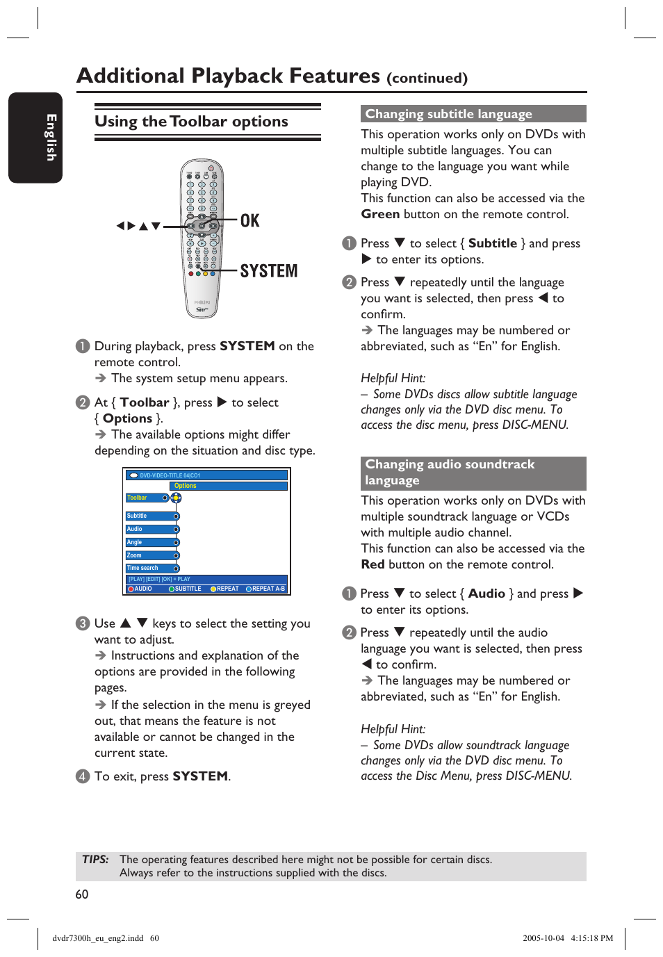 Using the toolbar options, Additional playback features | Philips DVDR7300H User Manual | Page 60 / 95