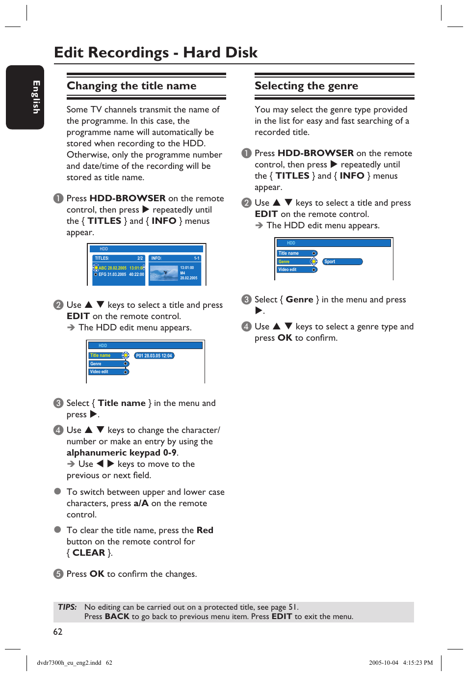 Edit recordings - hard disk, Changing the title name, Selecting the genre | Philips DVDR7300H User Manual | Page 62 / 95