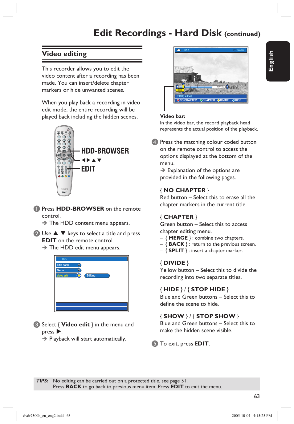 Video editing, Edit recordings - hard disk, Continued) | Philips DVDR7300H User Manual | Page 63 / 95