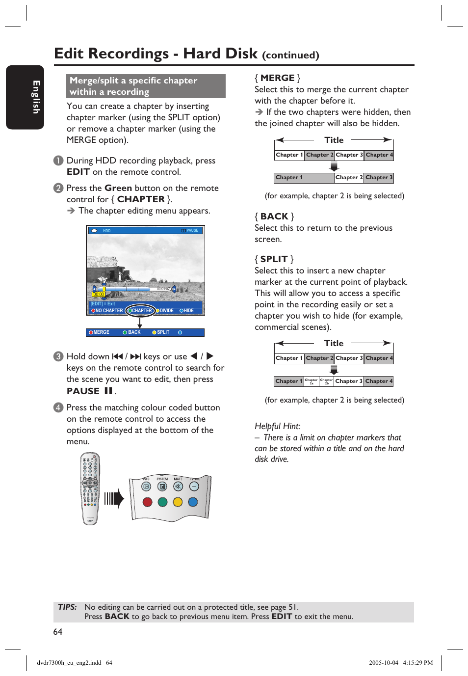 Edit recordings - hard disk, Continued), En g lis h 64 65 | The chapter editing menu appears | Philips DVDR7300H User Manual | Page 64 / 95