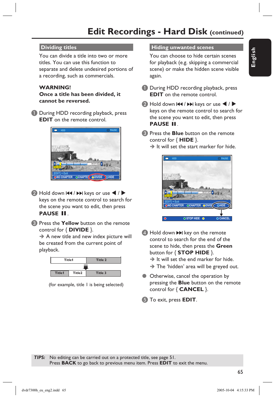 Edit recordings - hard disk, Continued) | Philips DVDR7300H User Manual | Page 65 / 95