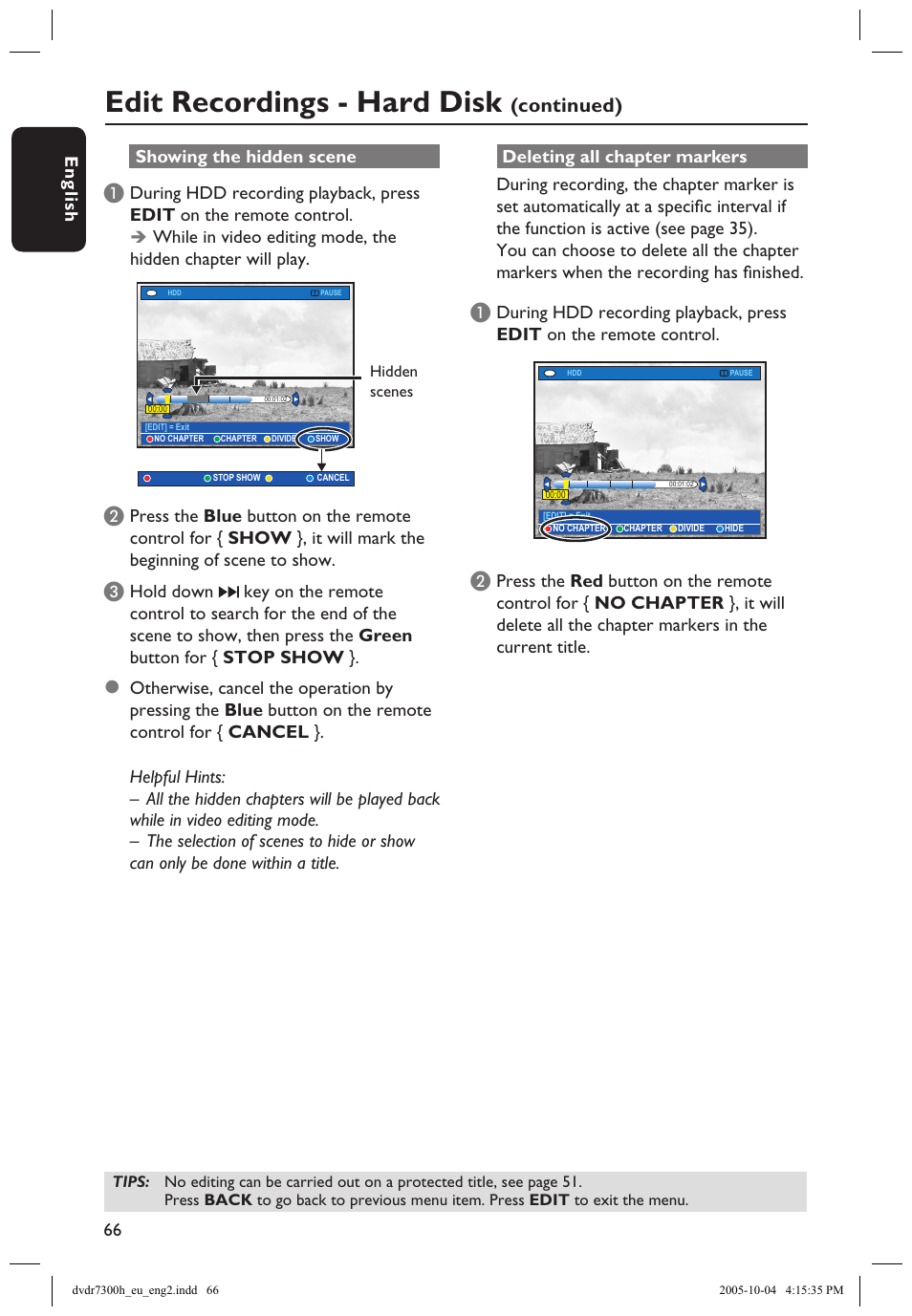 Edit recordings - hard disk, Continued) | Philips DVDR7300H User Manual | Page 66 / 95