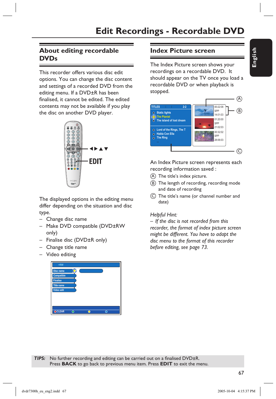 Edit recordings - recordable dvd, About editing recordable dvds, Index picture screen | Edit recordings - hard disk, Continued) | Philips DVDR7300H User Manual | Page 67 / 95