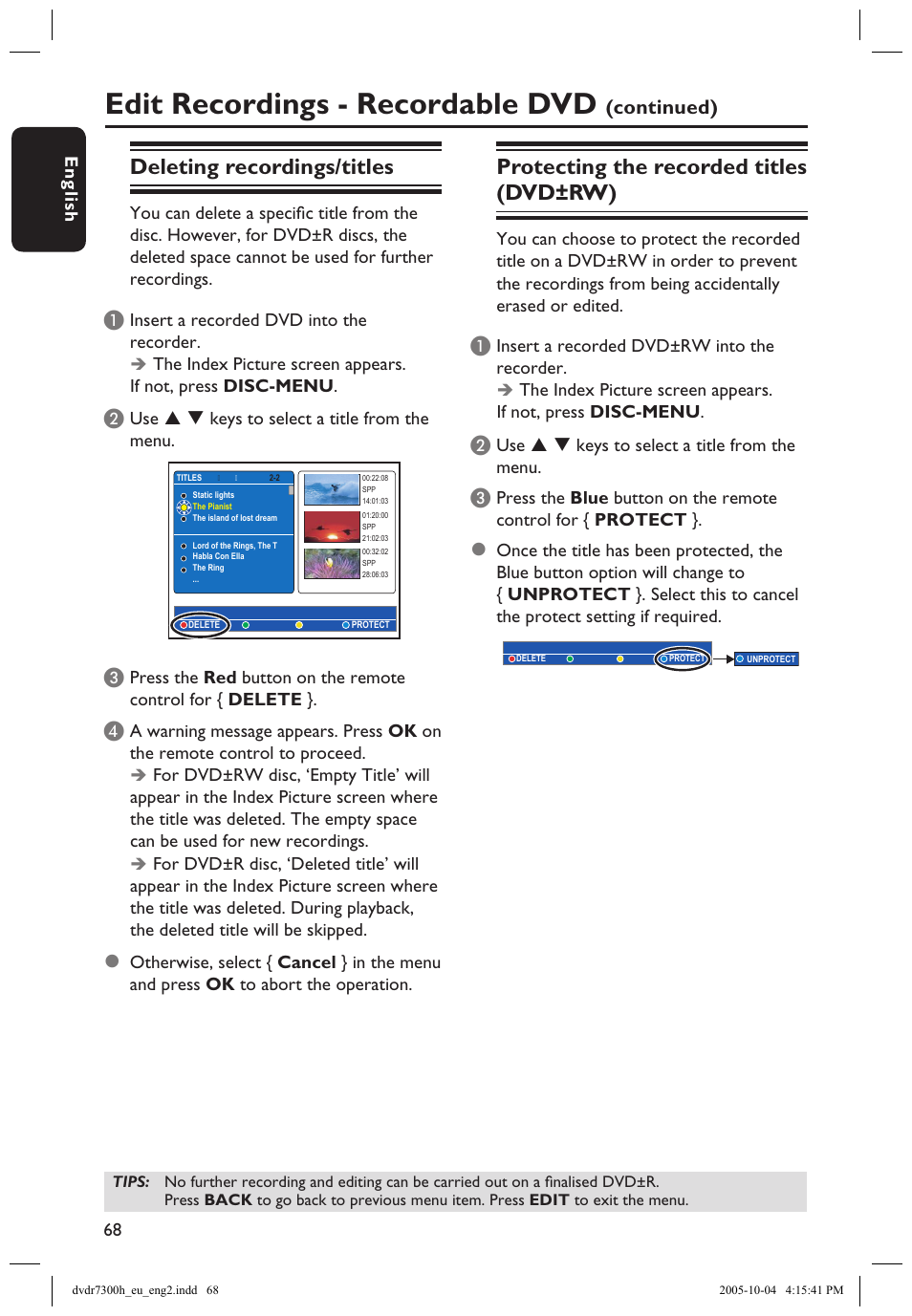 Protecting the recorded titles (dvd±rw), Deleting recordings/titles, Edit recordings - recordable dvd | Continued) | Philips DVDR7300H User Manual | Page 68 / 95