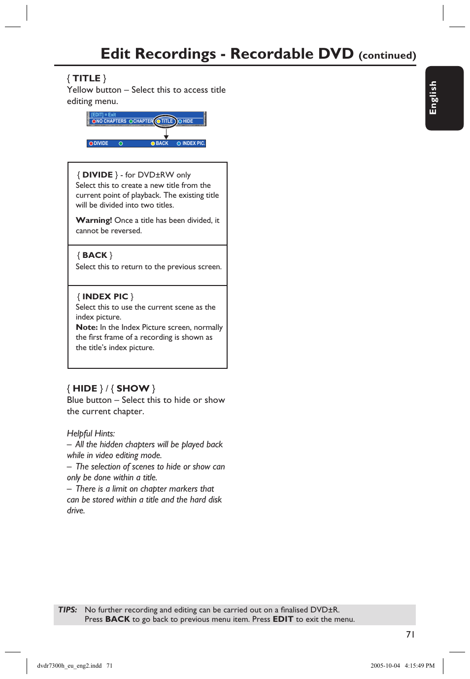 Edit recordings - recordable dvd, Continued) | Philips DVDR7300H User Manual | Page 71 / 95