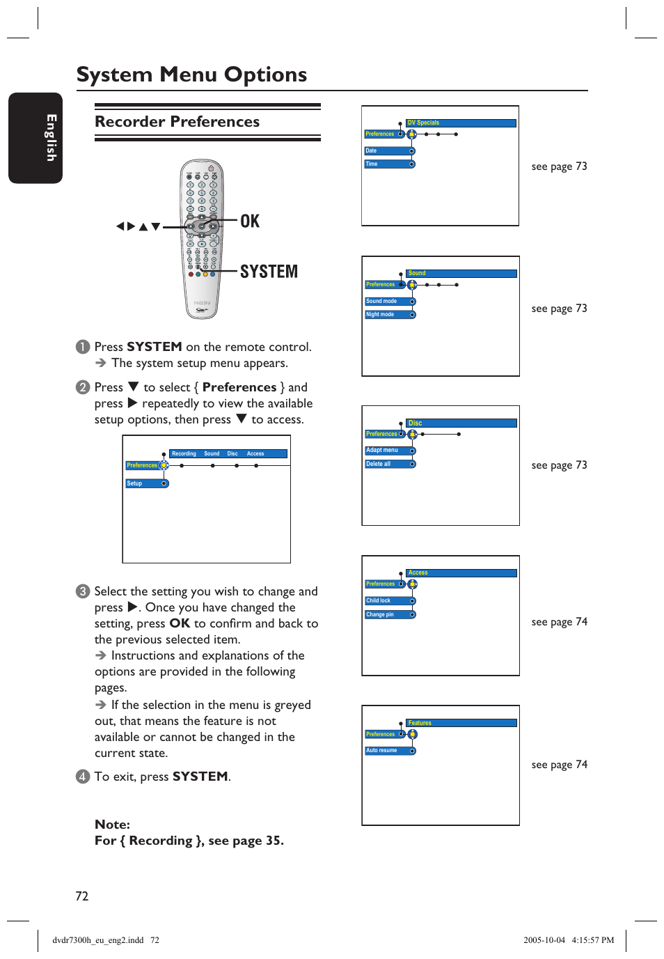 System menu options, Recorder preferences | Philips DVDR7300H User Manual | Page 72 / 95