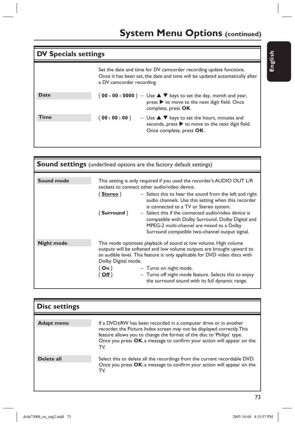 System menu options, Dv specials settings, Sound settings | Disc settings | Philips DVDR7300H User Manual | Page 73 / 95