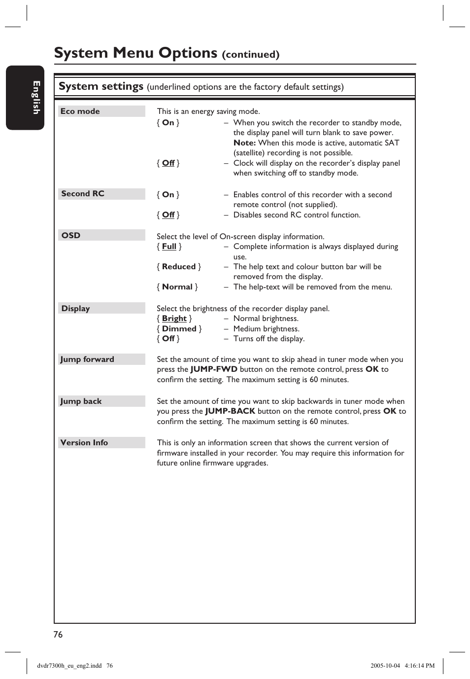 System menu options, System settings, Continued) | Philips DVDR7300H User Manual | Page 76 / 95