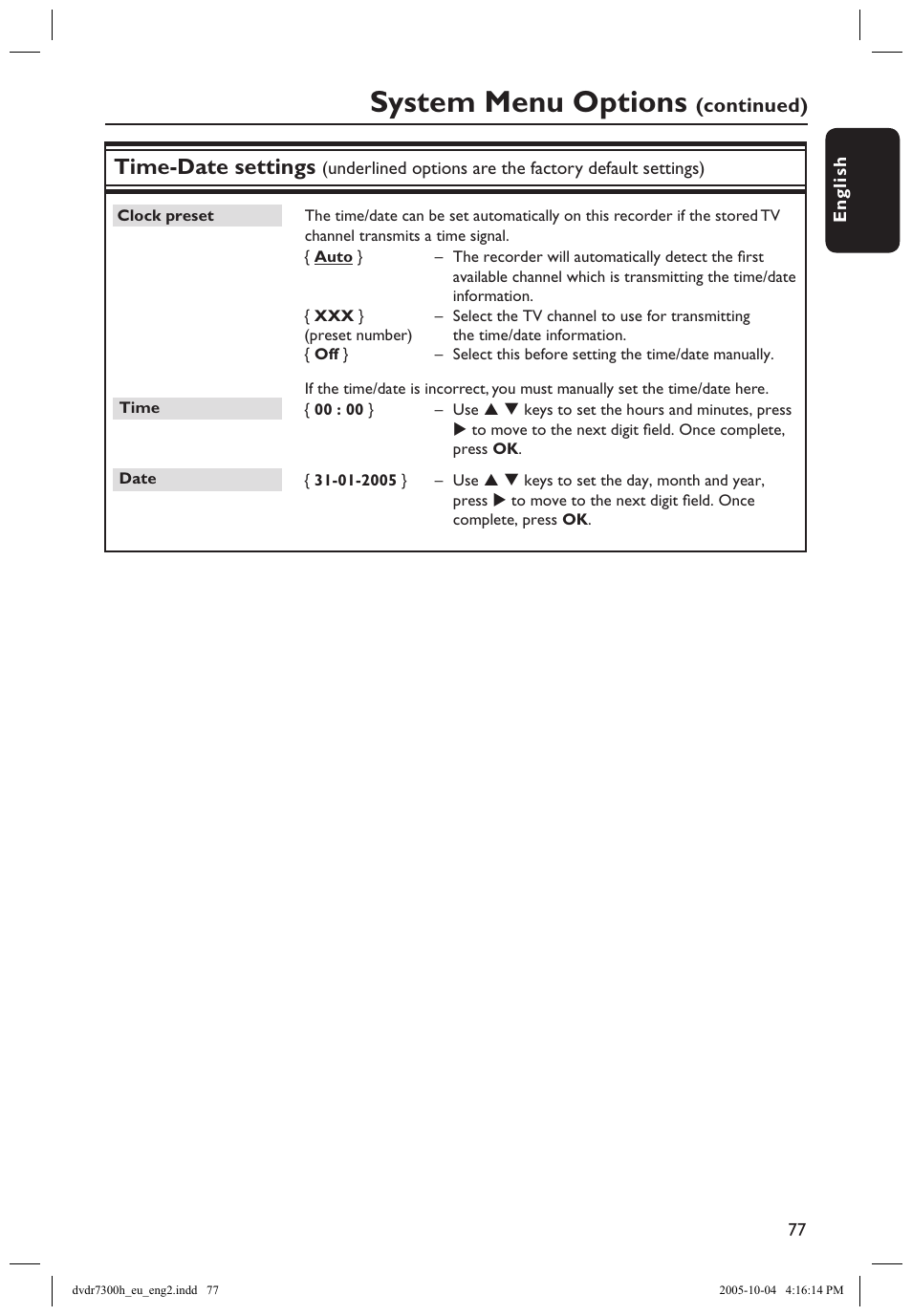 System menu options, Time-date settings | Philips DVDR7300H User Manual | Page 77 / 95