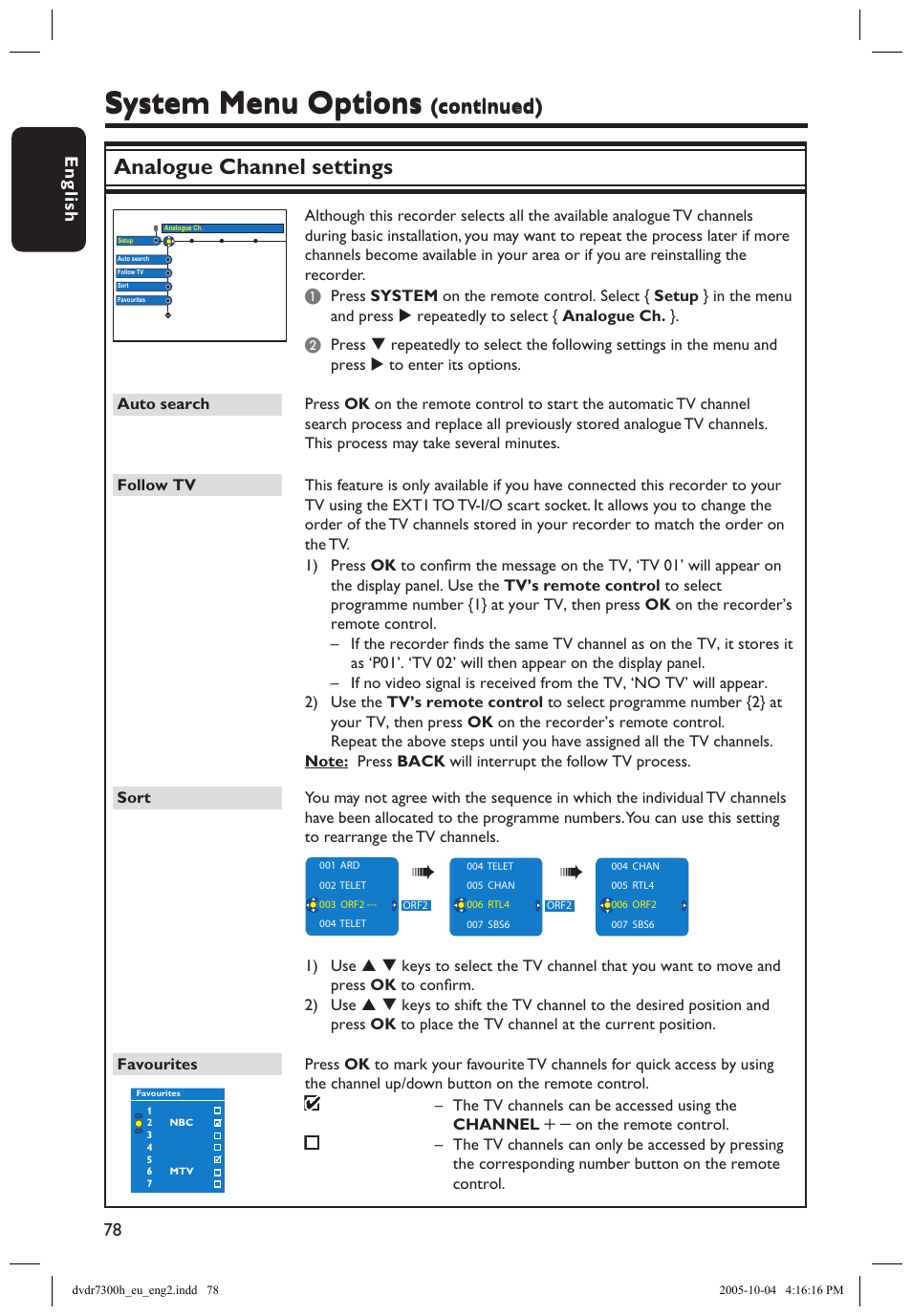 System menu options, Analogue channel settings, Continued) | Philips DVDR7300H User Manual | Page 78 / 95