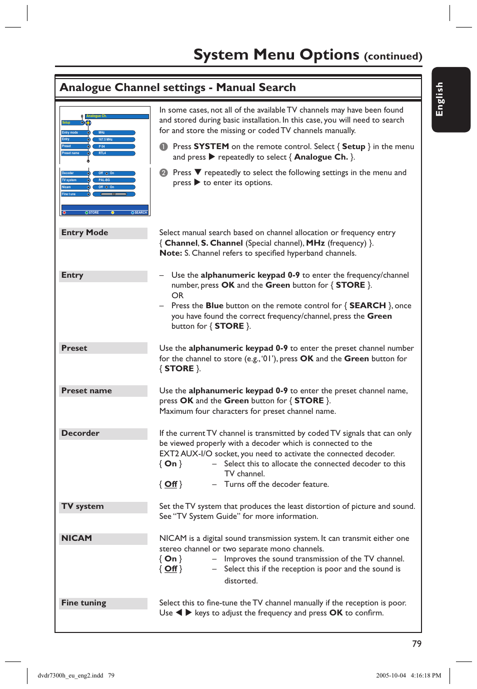 System menu options, Analogue channel settings - manual search, Continued) | En g li sh 79 | Philips DVDR7300H User Manual | Page 79 / 95