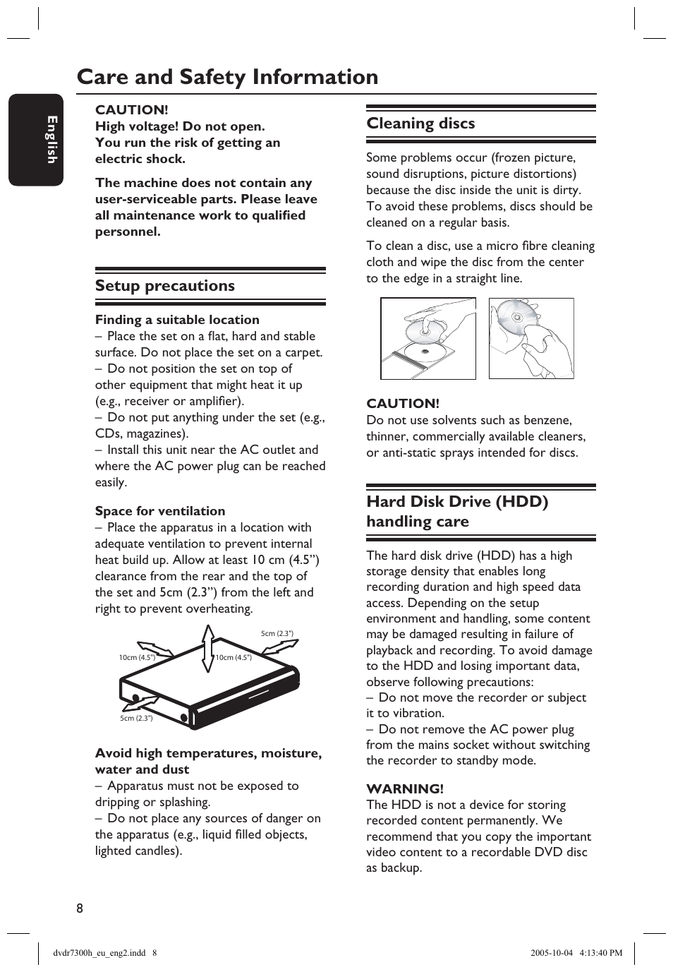 Care and safety information, Setup precautions, Cleaning discs | Hard disk drive (hdd) handling care | Philips DVDR7300H User Manual | Page 8 / 95