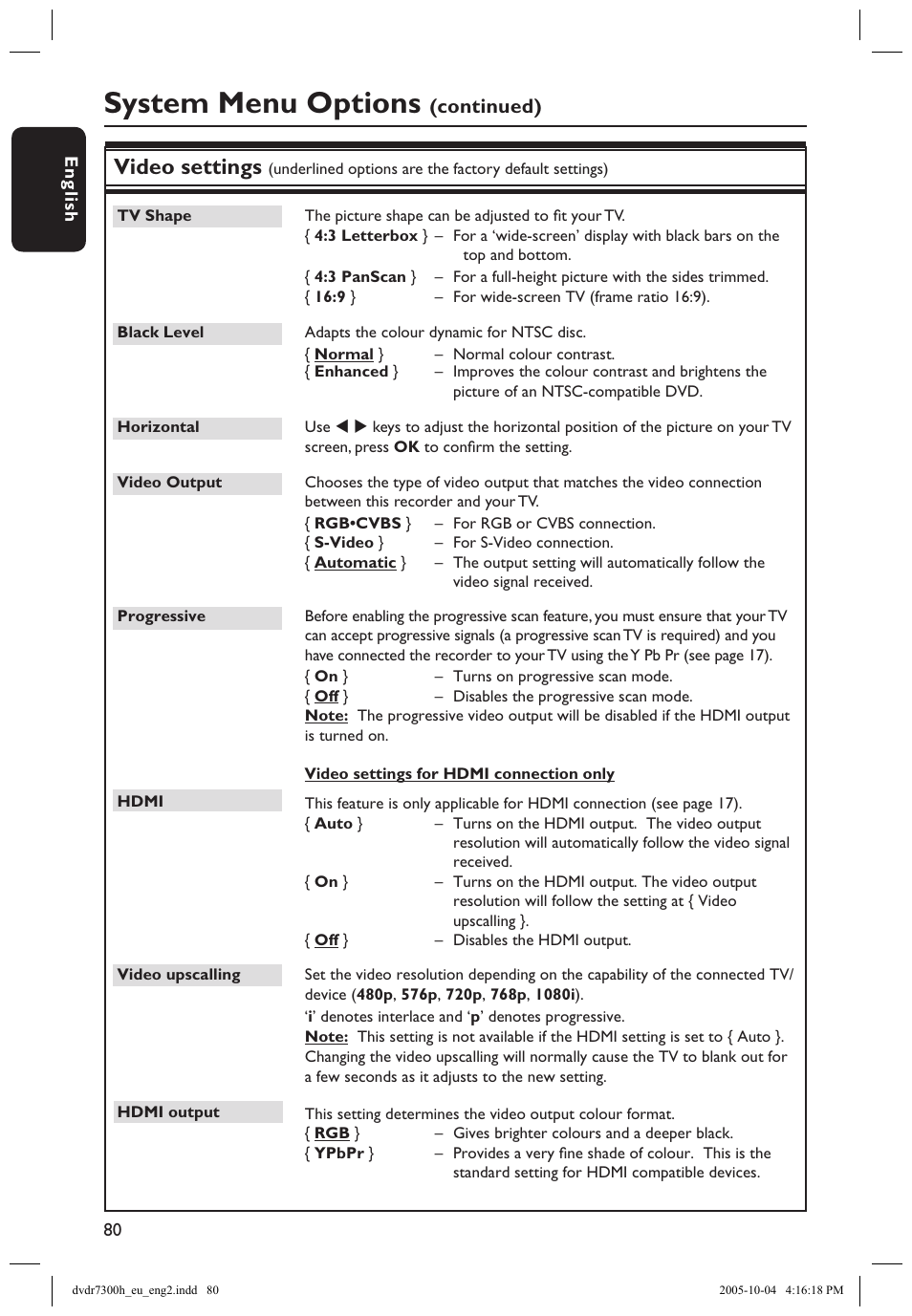 System menu options, Video settings, Continued) | Philips DVDR7300H User Manual | Page 80 / 95