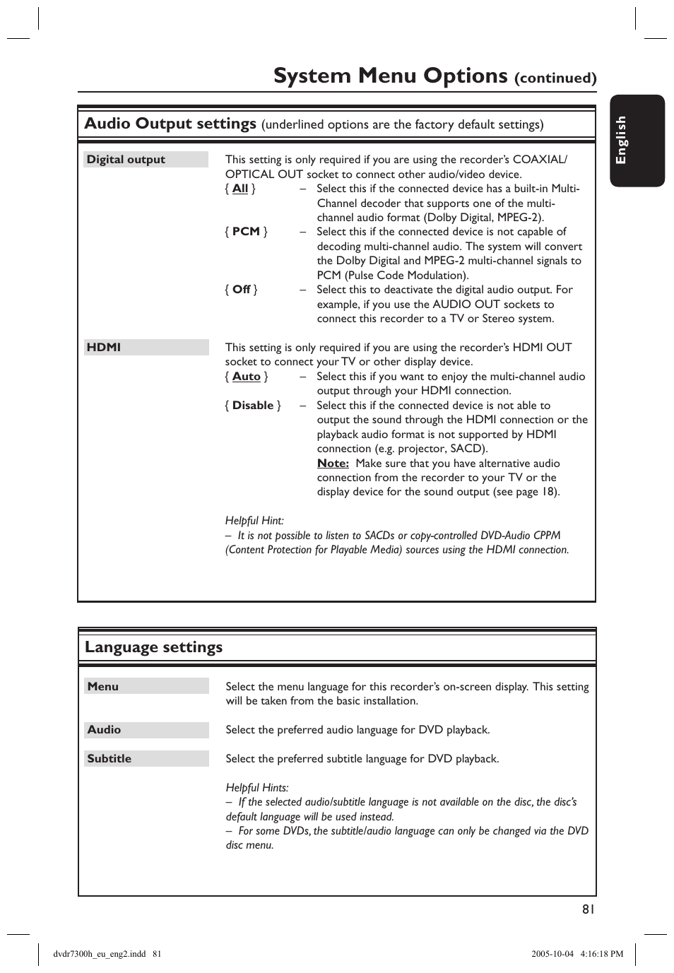 System menu options, Audio output settings, Language settings | Philips DVDR7300H User Manual | Page 81 / 95