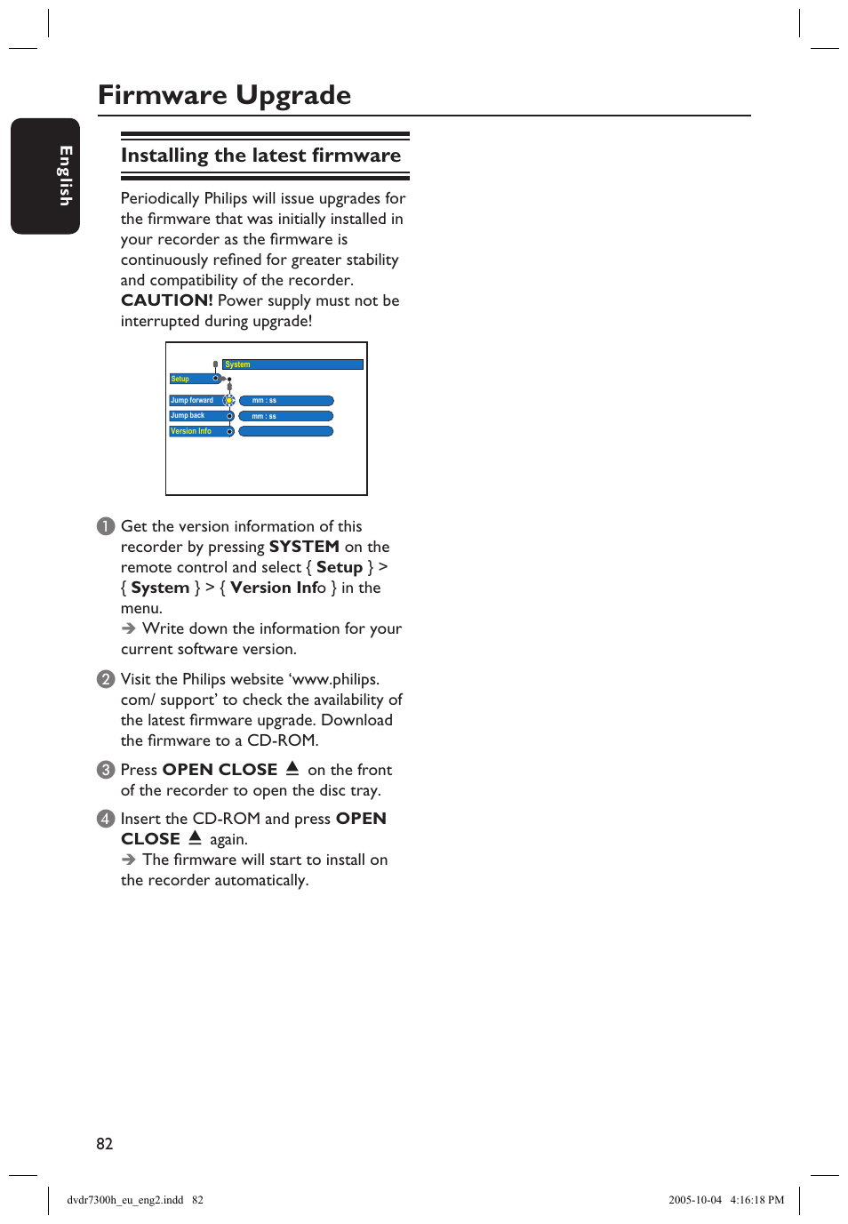 Firmware upgrade, Installing the latest firmware, Installing the latest ﬁrmware | Philips DVDR7300H User Manual | Page 82 / 95