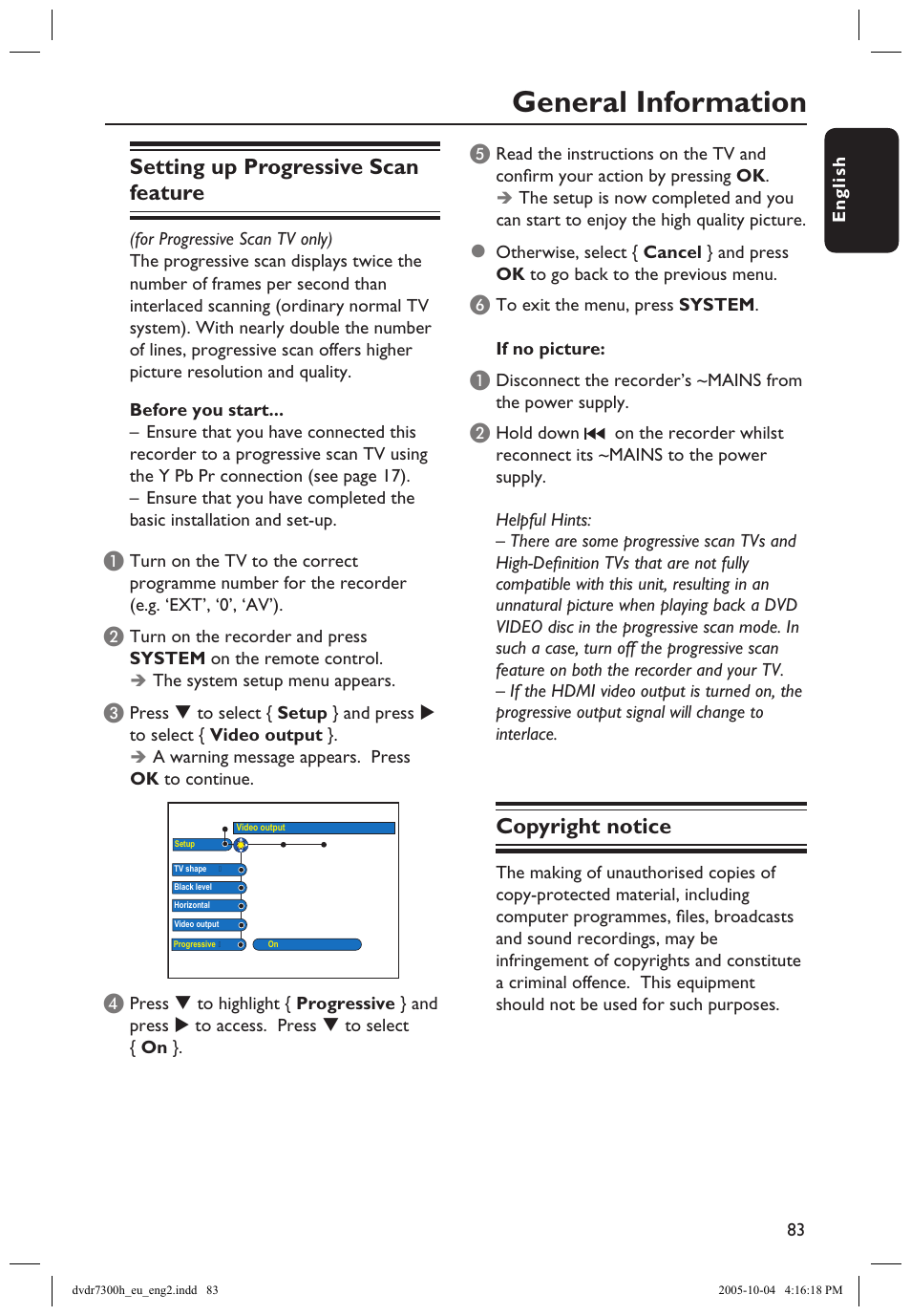 General information, Setting up progressive scan feature, Copyright notice | Firmware upgrade general information | Philips DVDR7300H User Manual | Page 83 / 95