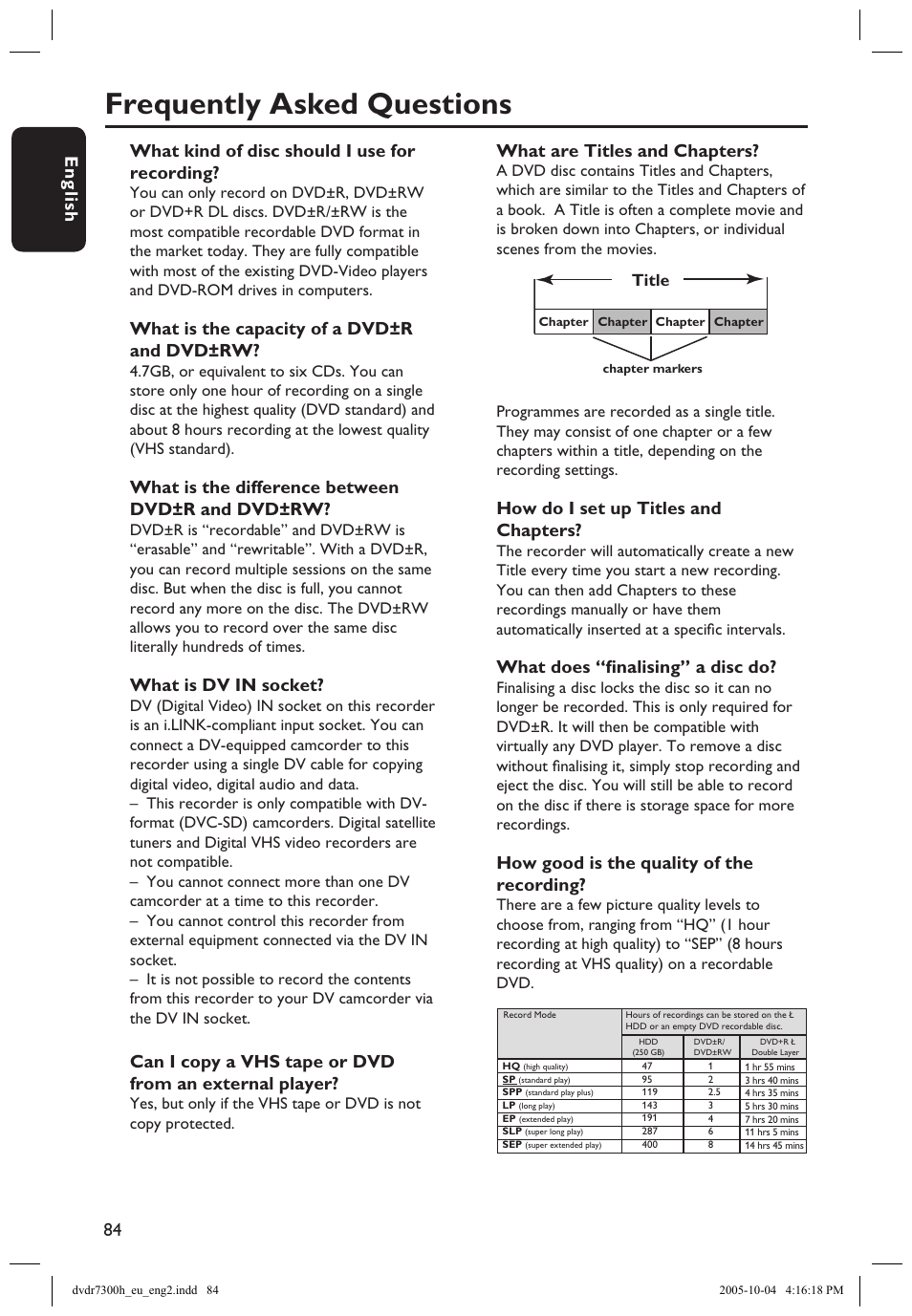 Frequently asked questions, En g lis h 84 85, What kind of disc should i use for recording | What is the capacity of a dvd±r and dvd±rw, What is the difference between dvd±r and dvd±rw, What is dv in socket, What are titles and chapters, How do i set up titles and chapters, What does “ﬁnalising” a disc do, How good is the quality of the recording | Philips DVDR7300H User Manual | Page 84 / 95