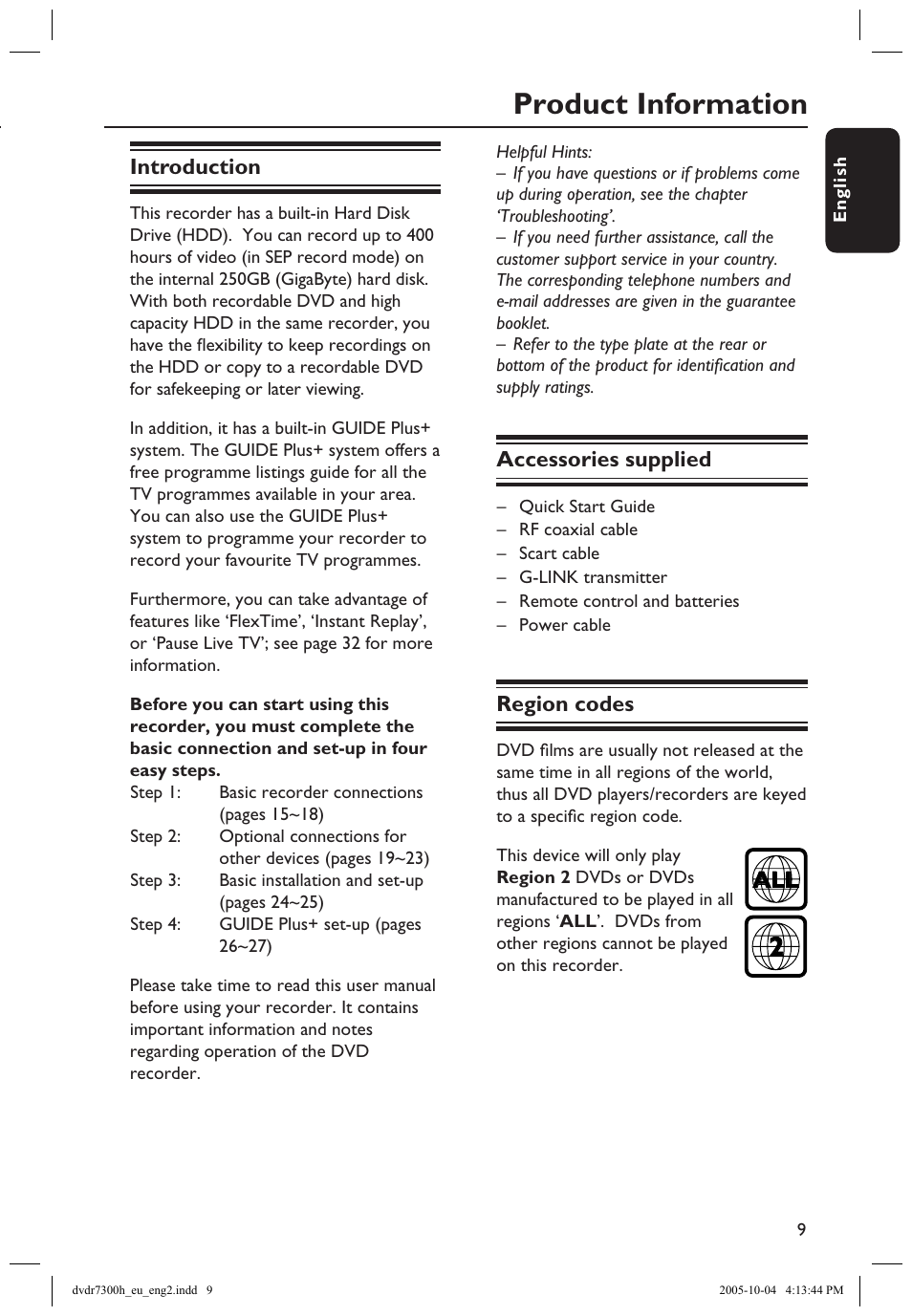 Product information, Introduction, Accessories supplied | Care and safety information | Philips DVDR7300H User Manual | Page 9 / 95