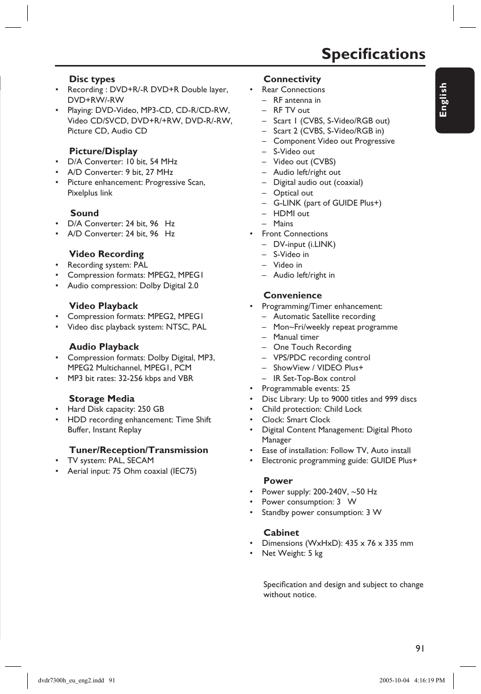 Specifications, Speciﬁcations | Philips DVDR7300H User Manual | Page 91 / 95