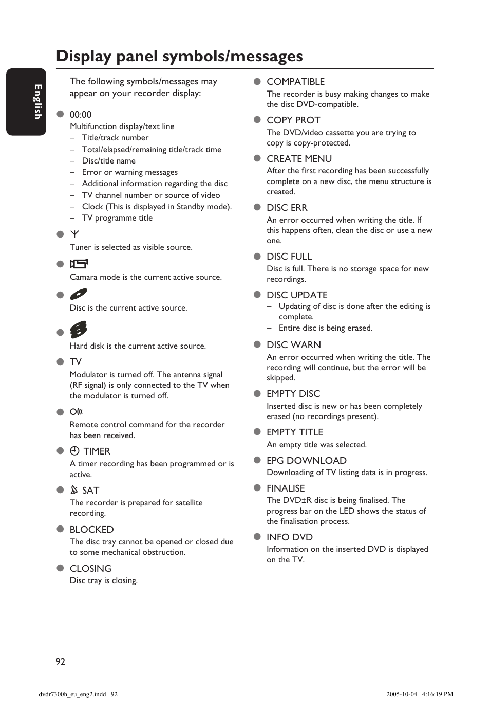 Display panel symbols/messages | Philips DVDR7300H User Manual | Page 92 / 95