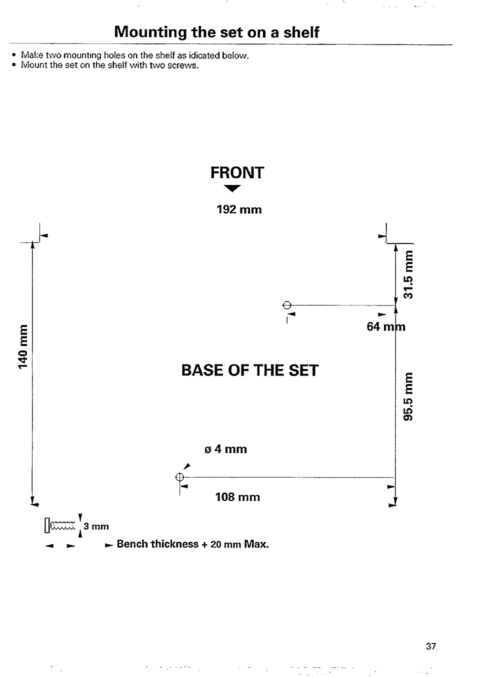 Mounting the set on a shelf, Front | Philips AJ 3040/00P User Manual | Page 10 / 11