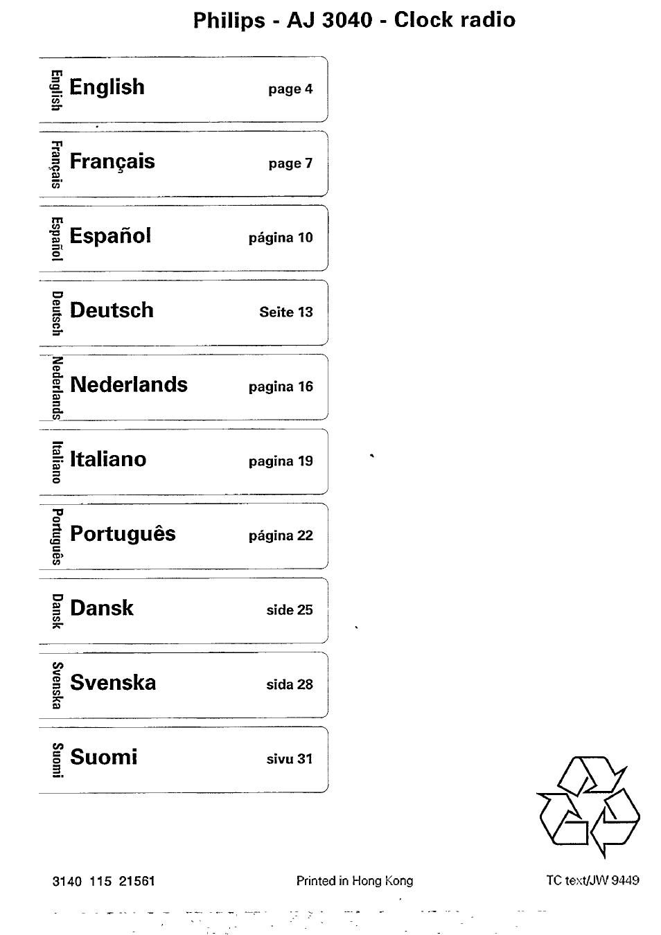 Philips - aj 3040 - clock radio, 1 english, Français | Español, I deutsch, Ë. nederlands, I italiano, Portugués, Ë dansk, S svenska | Philips AJ 3040/00P User Manual | Page 11 / 11