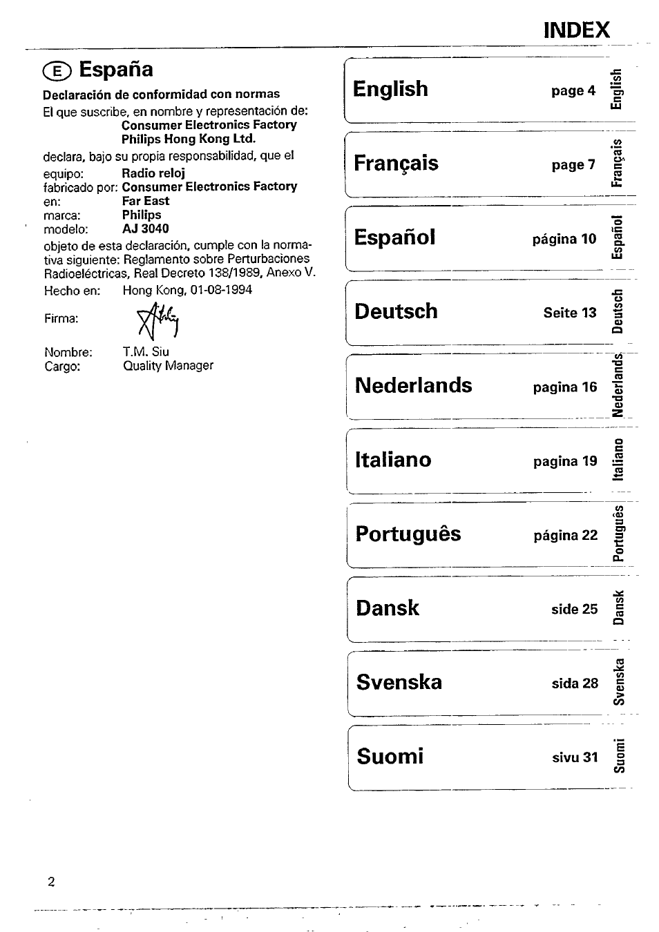 T) españa, English, Français | Español, Deutsch, Nederlands, Italiano, Portugués, Dansk, Svenska | Philips AJ 3040/00P User Manual | Page 2 / 11