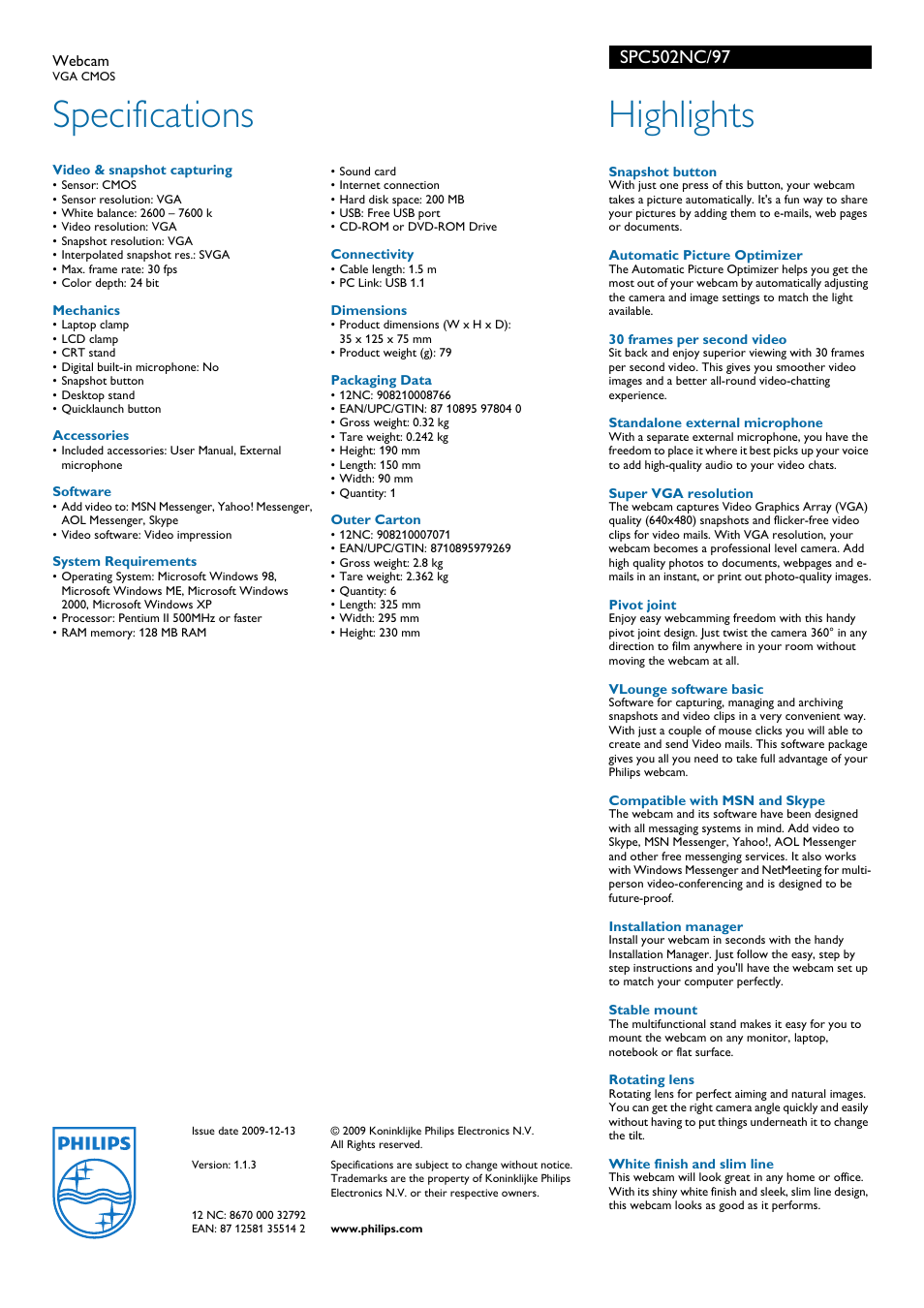 Specifications, Highlights | Philips SPC502NC User Manual | Page 2 / 2