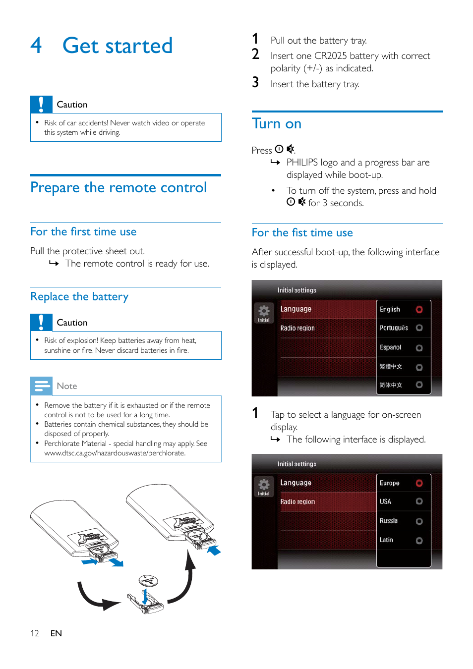 Mount into the dashboard, 4 get started, Prepare the remote control | Turn on | Philips CED1900BT User Manual | Page 14 / 47