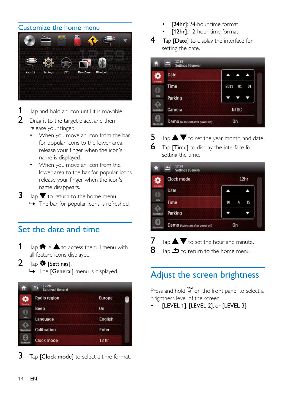 Use the home menu, Access the home menu, Set the date and time | Adjust the screen brightness | Philips CED1900BT User Manual | Page 16 / 47