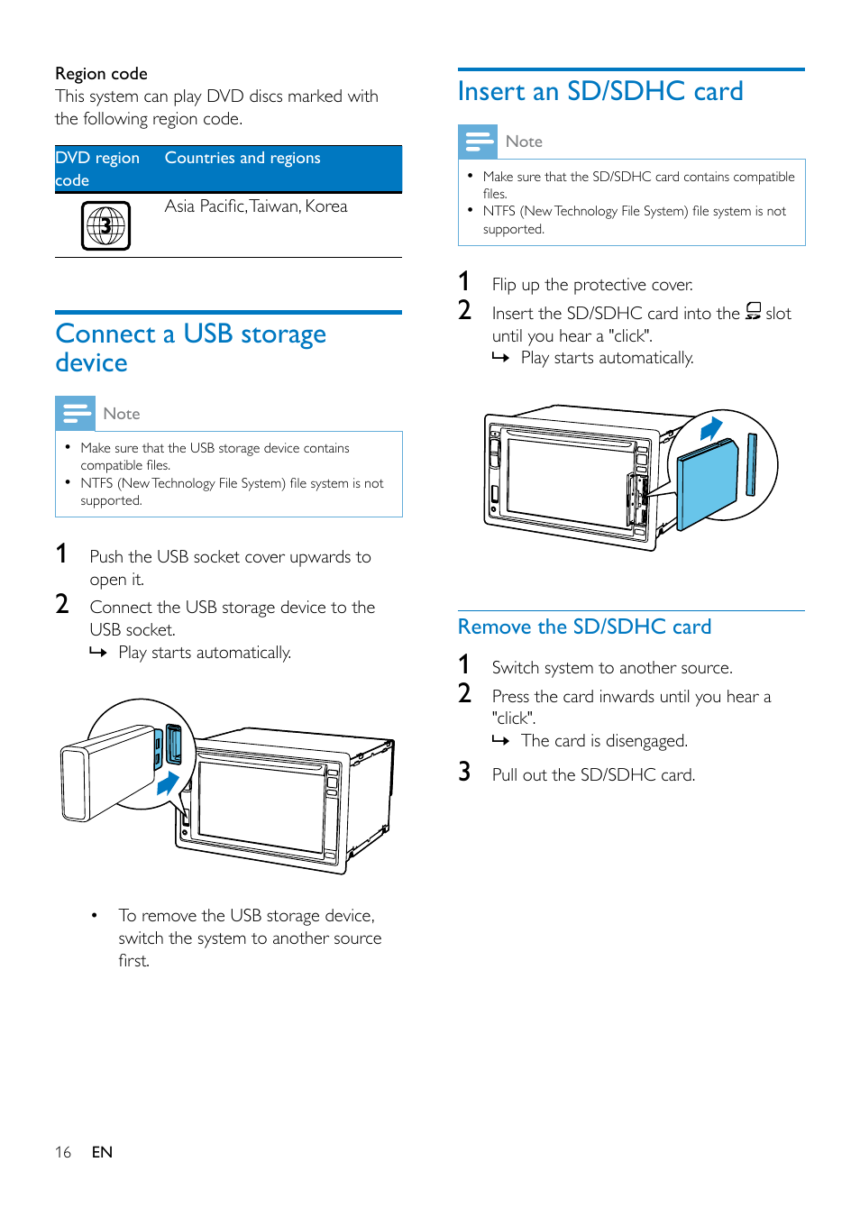 Connect a usb storage device, Insert an sd/sdhc card | Philips CED1900BT User Manual | Page 18 / 47