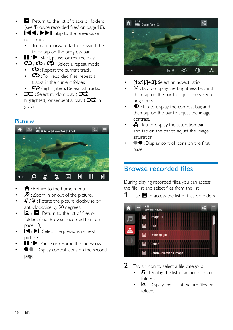 Insert an sd/sdhc card, Remove the sd/sdhc card, Control play | Videos, Browse recorded files | Philips CED1900BT User Manual | Page 20 / 47