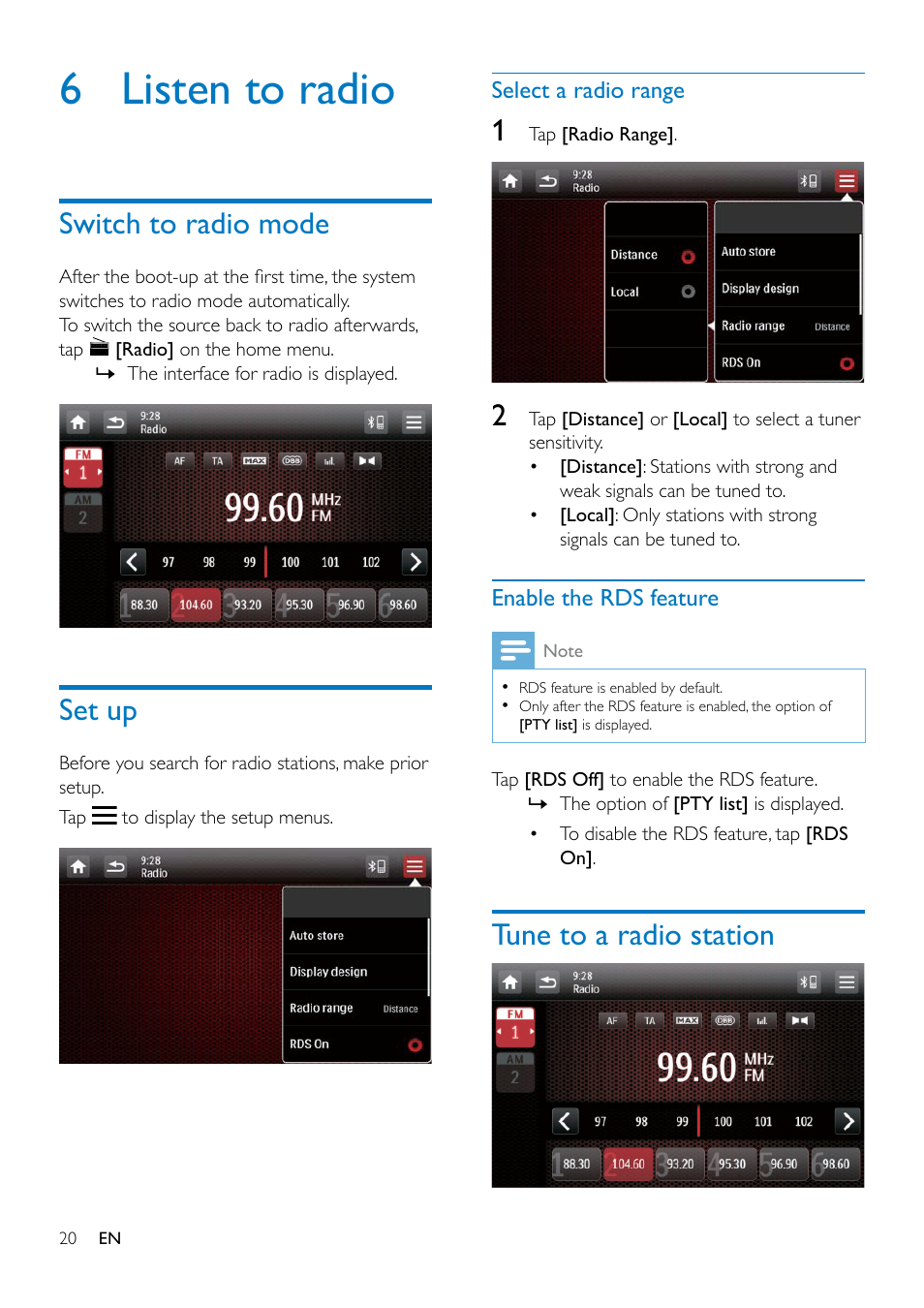 Browse recorded files, About divx® videos, Play divx vod videos | 6 listen to radio, Switch to radio mode, Set up, Tune to a radio station | Philips CED1900BT User Manual | Page 22 / 47