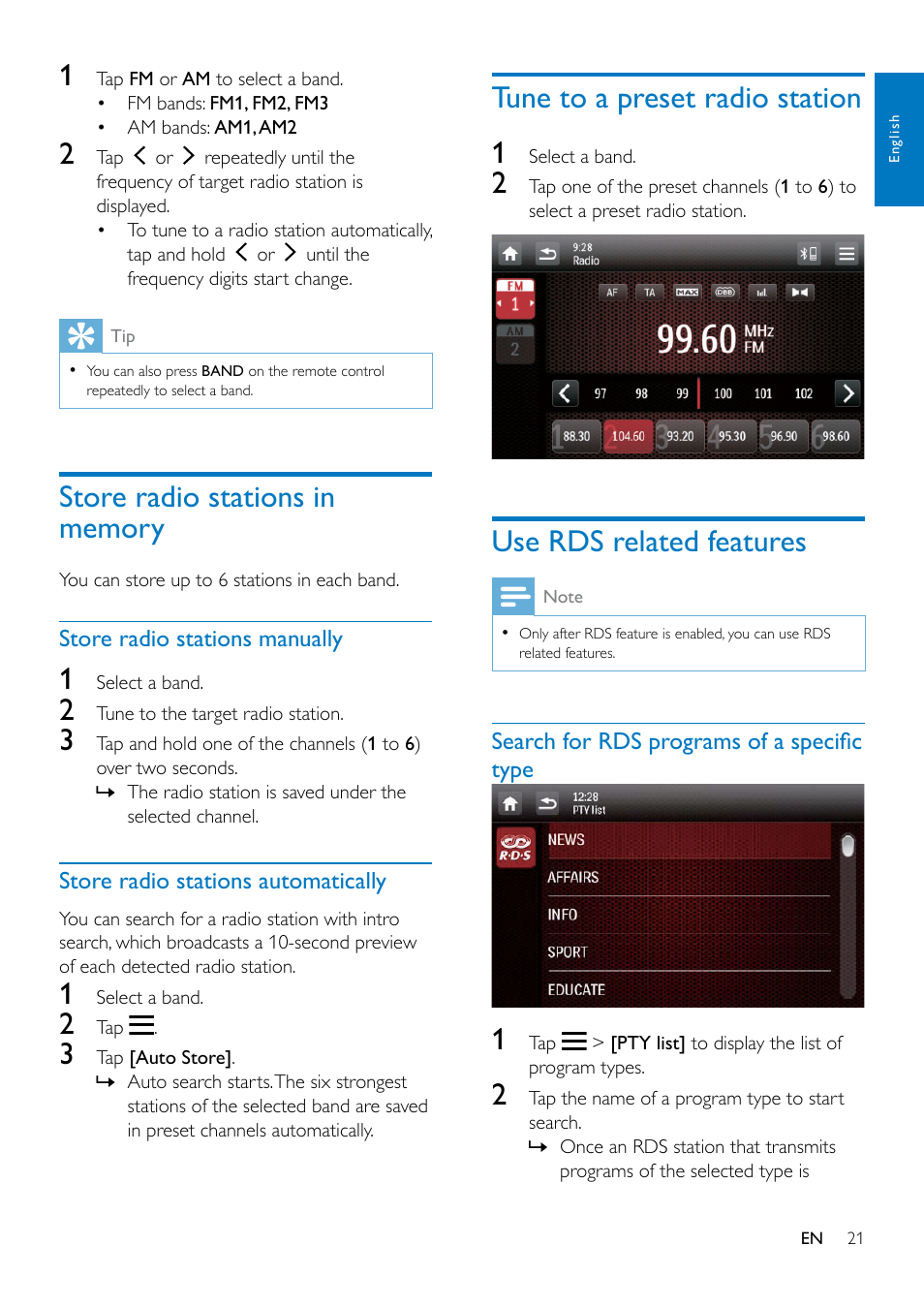 Play non-vod divx videos, Store radio stations in memory, Tune to a preset radio station | Use rds related features | Philips CED1900BT User Manual | Page 23 / 47