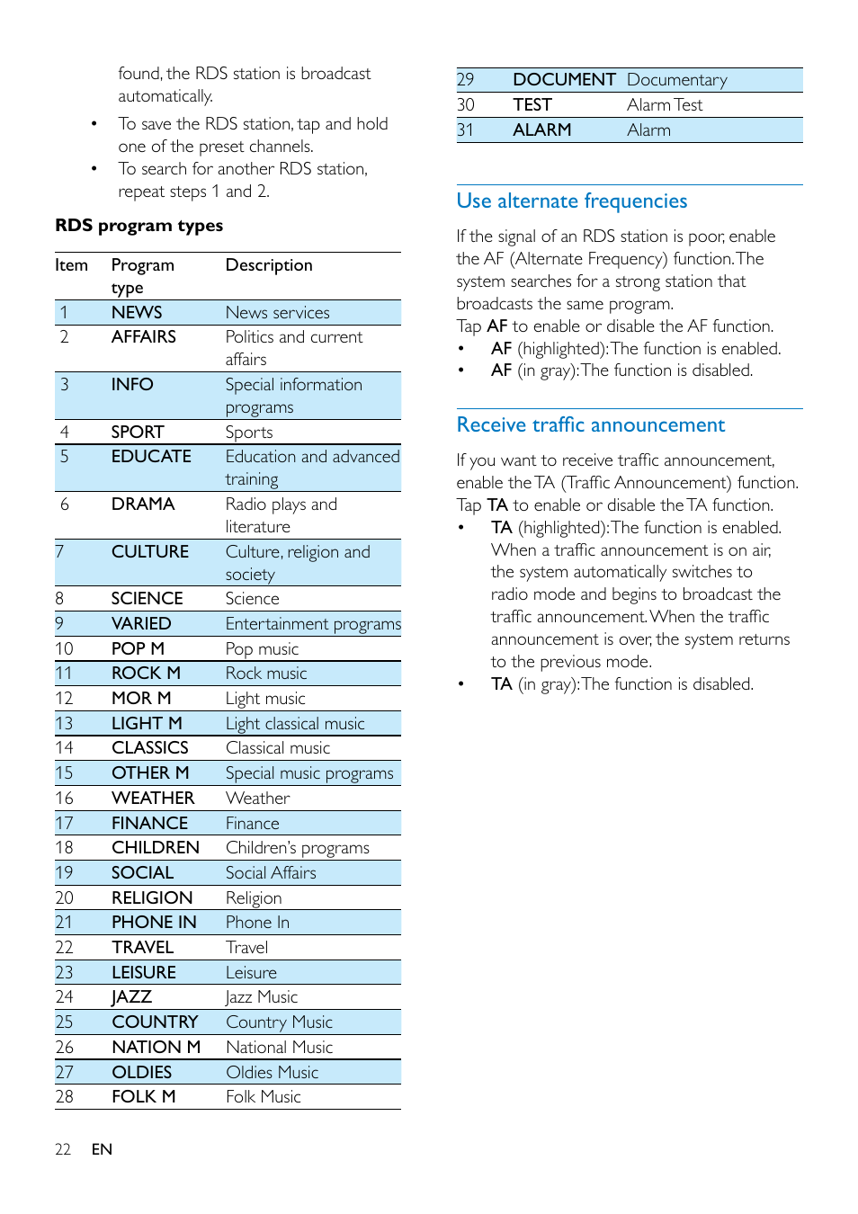 6 listen to radio, Switch to radio mode, Set up | Select a radio range, Enable the rds feature, Tune to a radio station, Use alternate frequencies, Receive traffic announcement | Philips CED1900BT User Manual | Page 24 / 47
