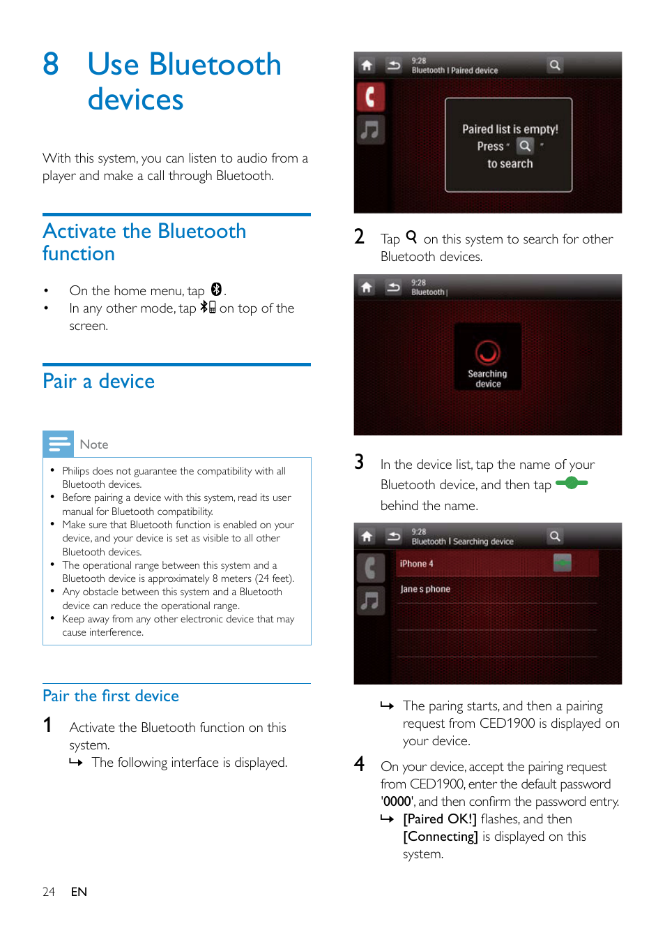 Rds program types, Use alternate frequencies, Receive traffic announcement | 8 use bluetooth devices, Activate the bluetooth function, Pair a device | Philips CED1900BT User Manual | Page 26 / 47