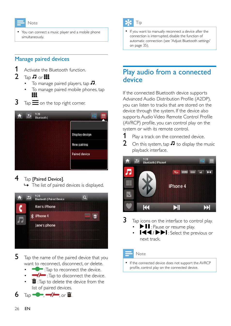 8 use bluetooth devices, Activate the bluetooth function, Pair a device | Pair the first device, Play audio from a connected device | Philips CED1900BT User Manual | Page 28 / 47