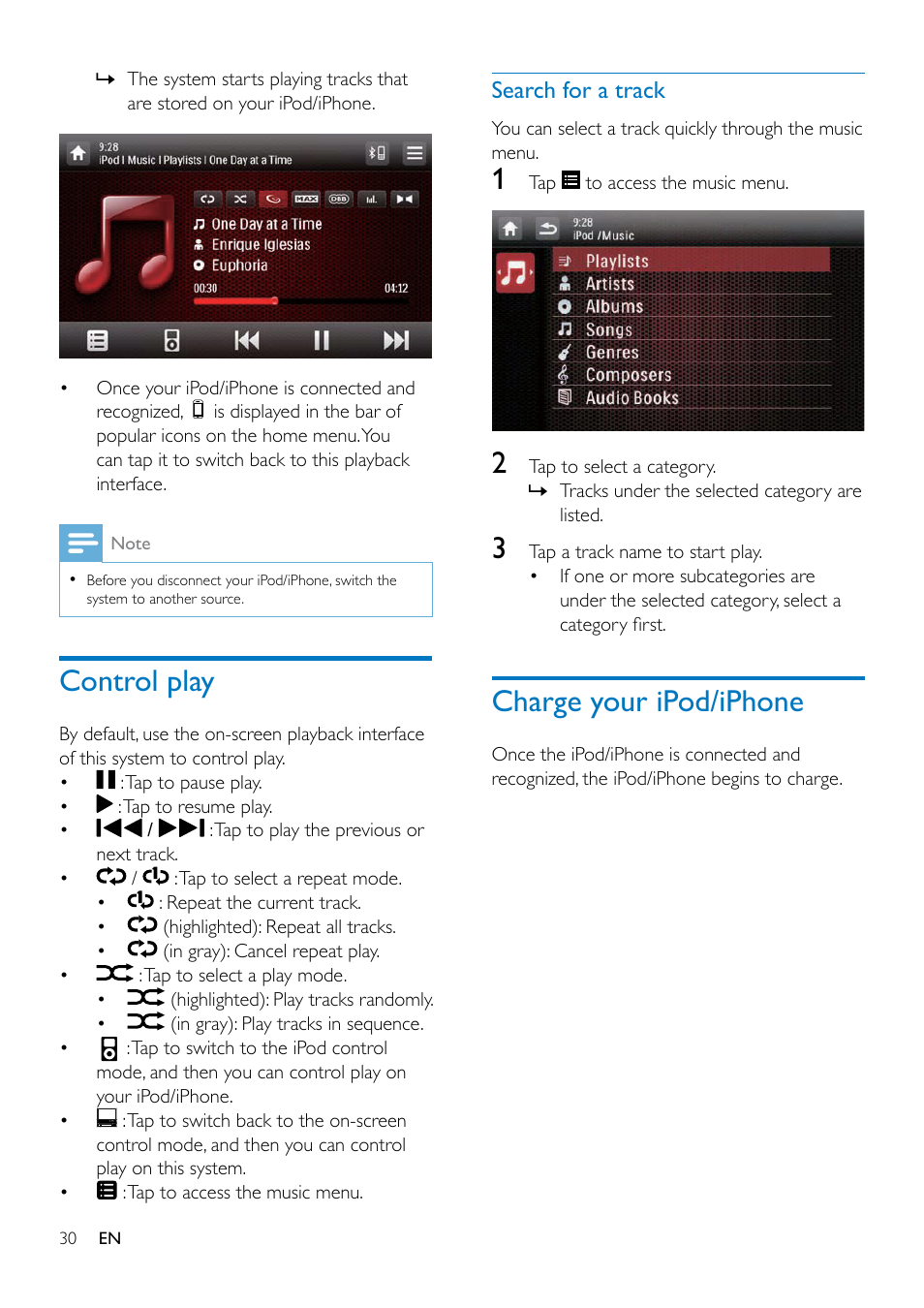 Transfer a phone call to mobile phone, Use the on-screen phone book, Manage the phone book | Search for a contact, Edit the favorite call list, Control play, Charge your ipod/iphone | Philips CED1900BT User Manual | Page 32 / 47
