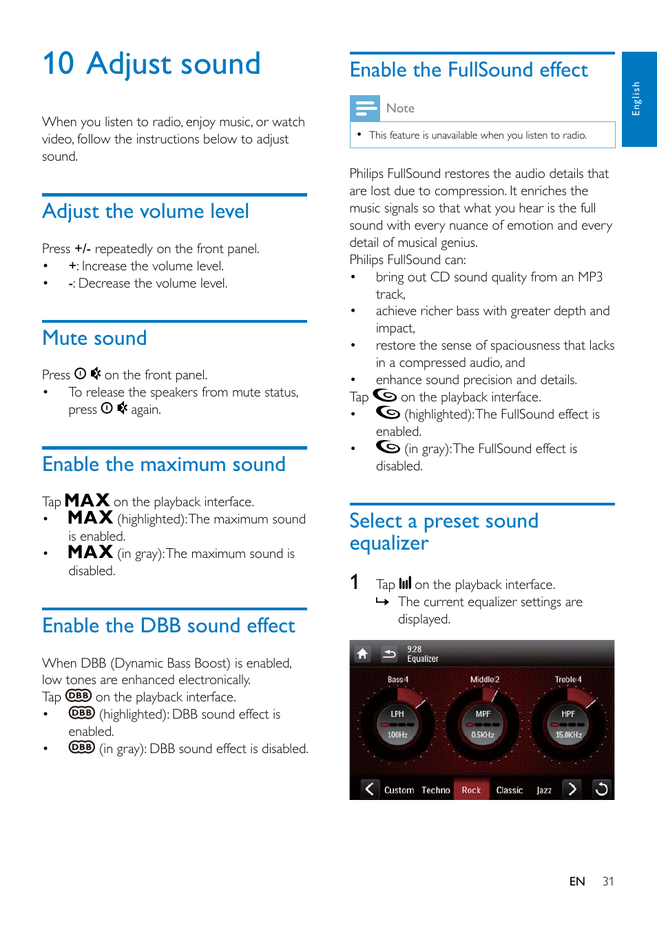 10 adjust sound, Adjust the volume level, Mute sound | Enable the maximum sound, Enable the dbb sound effect, Enable the fullsound effect, Select a preset sound equalizer, Select a preset sound equalizer 1 | Philips CED1900BT User Manual | Page 33 / 47