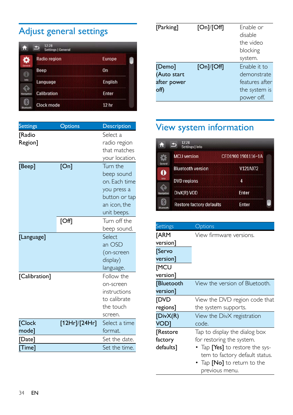 10 adjust sound, Adjust the volume level, Mute sound | Enable the maximum sound, Enable the dbb sound effect, Enable the fullsound effect, Select a preset sound equalizer, Adjust general settings, View system information | Philips CED1900BT User Manual | Page 36 / 47