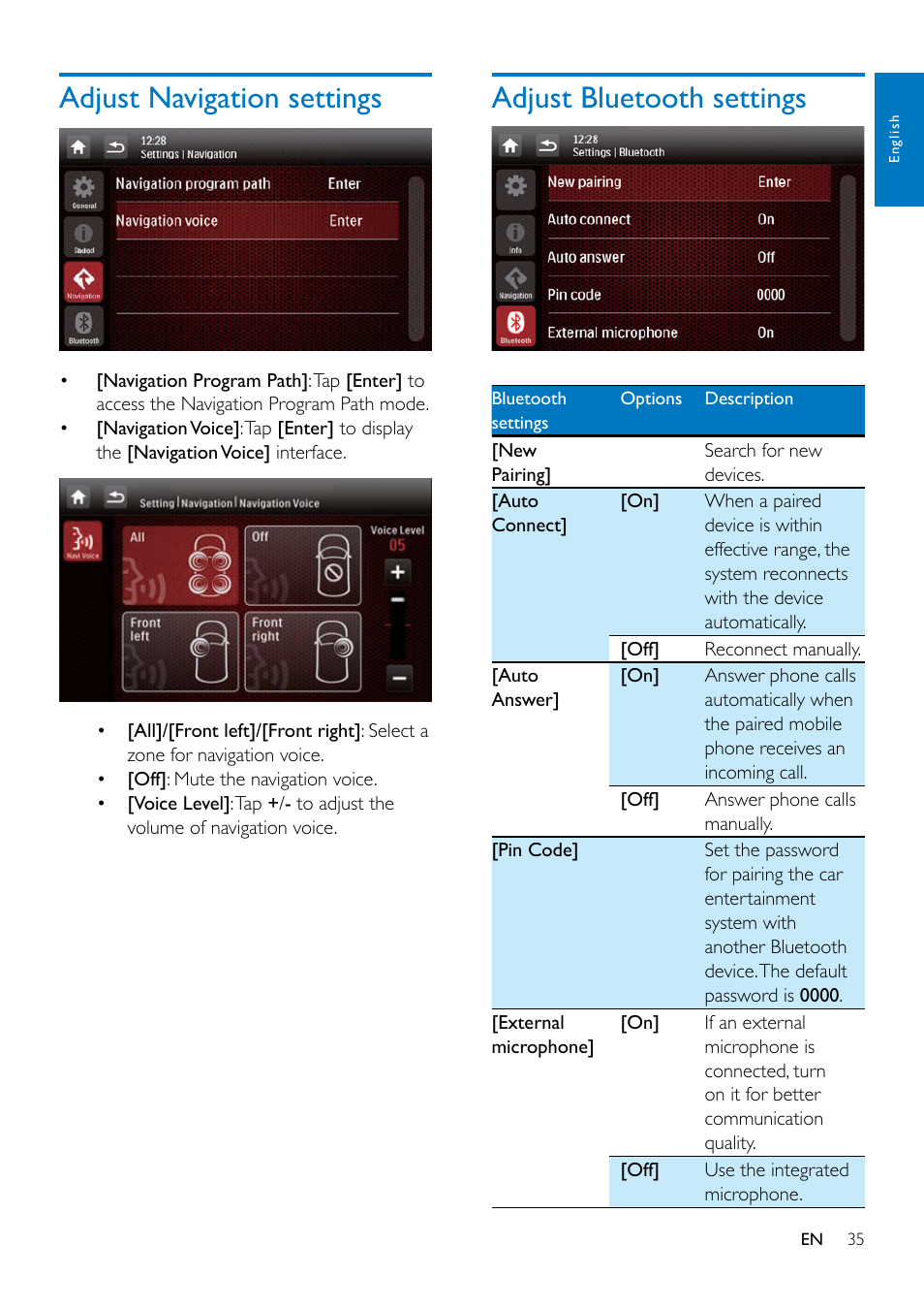 Others, Adjust the fader and balance, Set the sub-woofer | Select a listening zone, Adjust navigation settings, Adjust bluetooth settings | Philips CED1900BT User Manual | Page 37 / 47