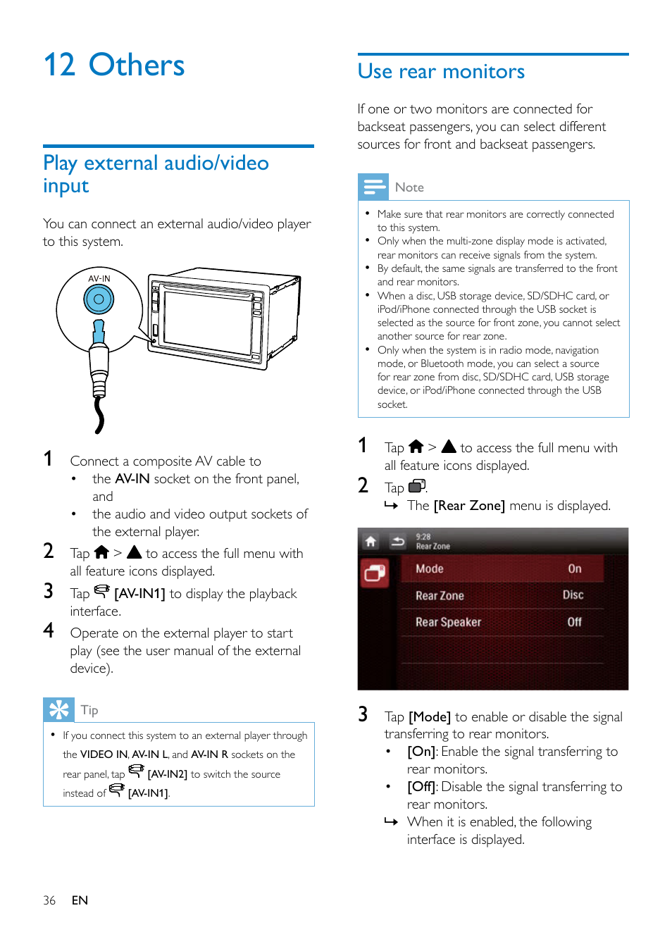 12 others, Play external audio/video input, Use rear monitors | Philips CED1900BT User Manual | Page 38 / 47