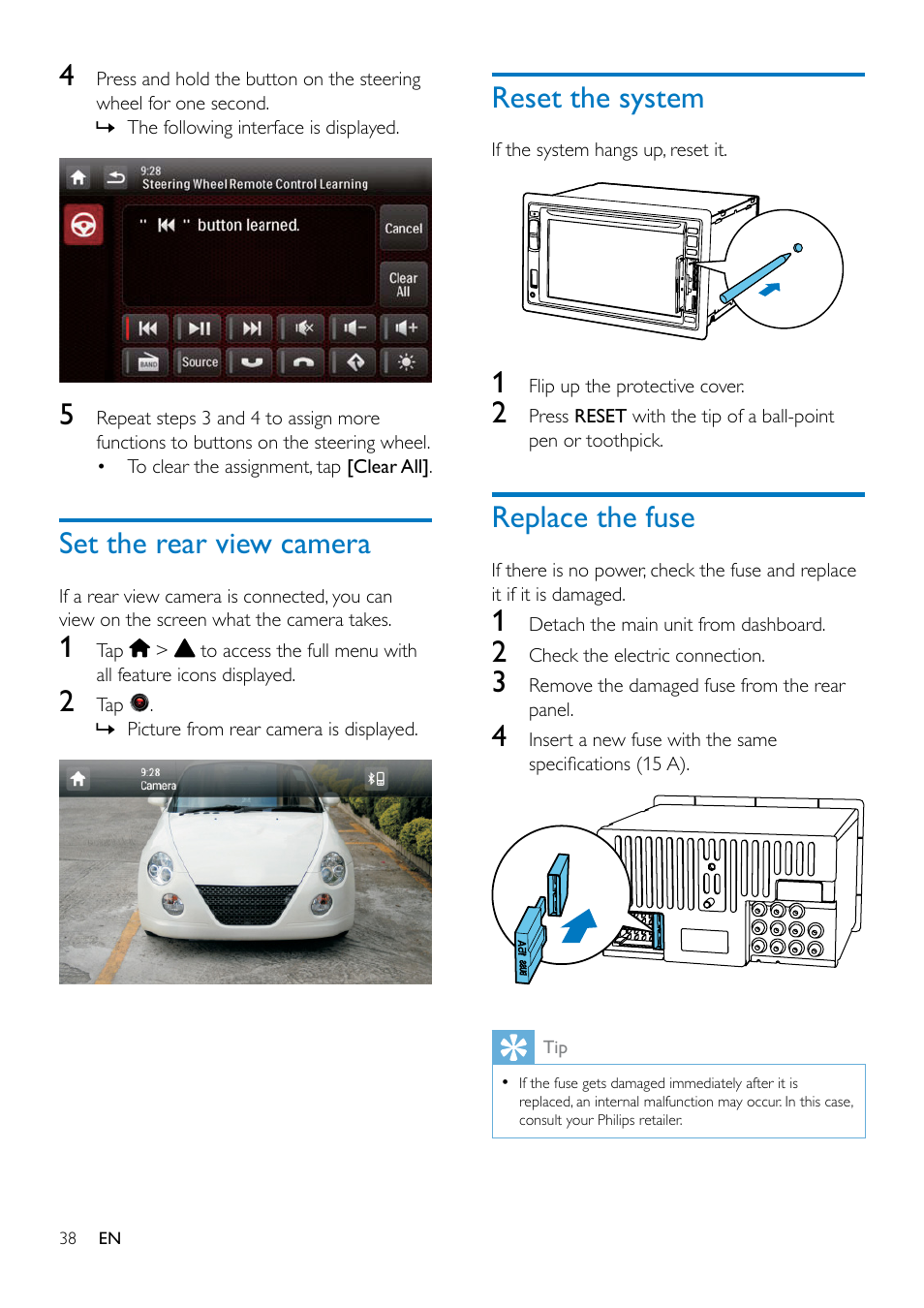 View system information, Adjust navigation settings, Set the rear view camera | Reset the system, Replace the fuse | Philips CED1900BT User Manual | Page 40 / 47