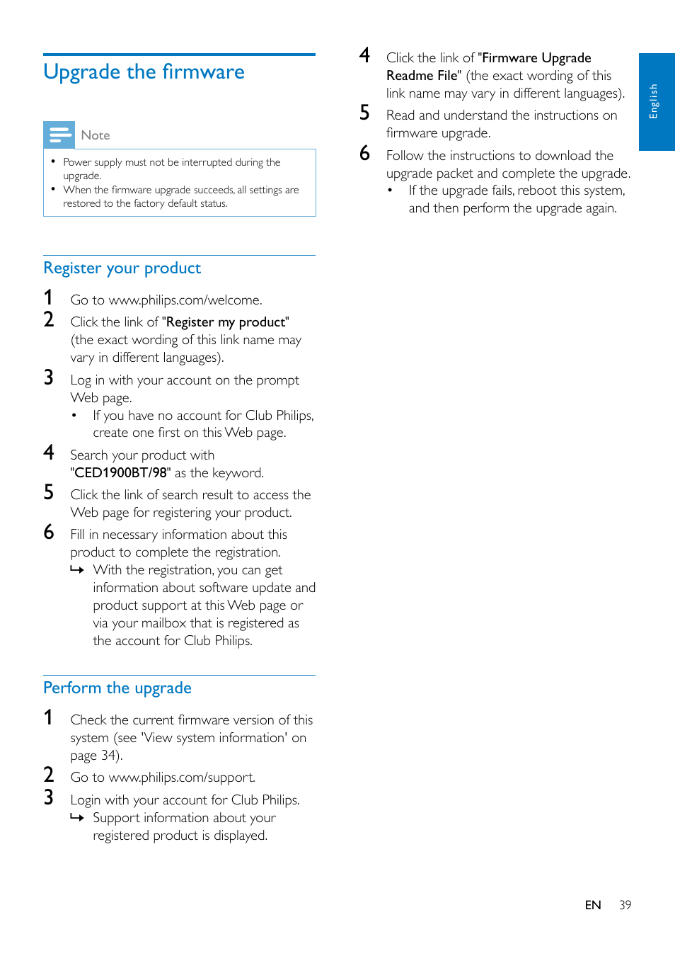 Adjust bluetooth settings, Upgrade the firmware | Philips CED1900BT User Manual | Page 41 / 47