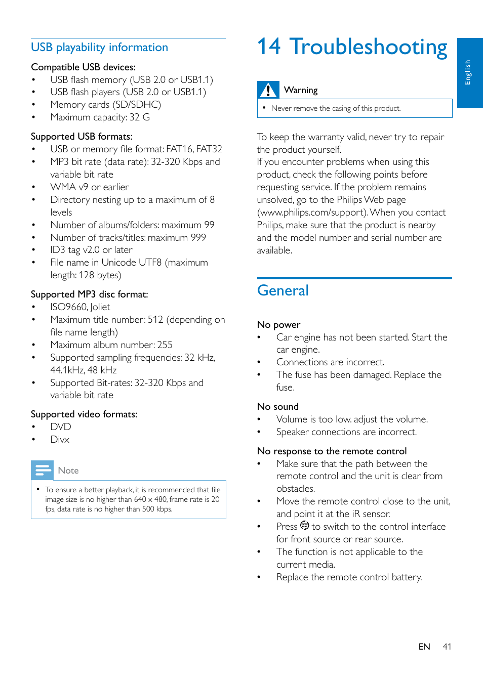 Switch the control interfaces, Use buttons on the steering wheel, 14 troubleshooting | General, General 41, Usb playability information | Philips CED1900BT User Manual | Page 43 / 47