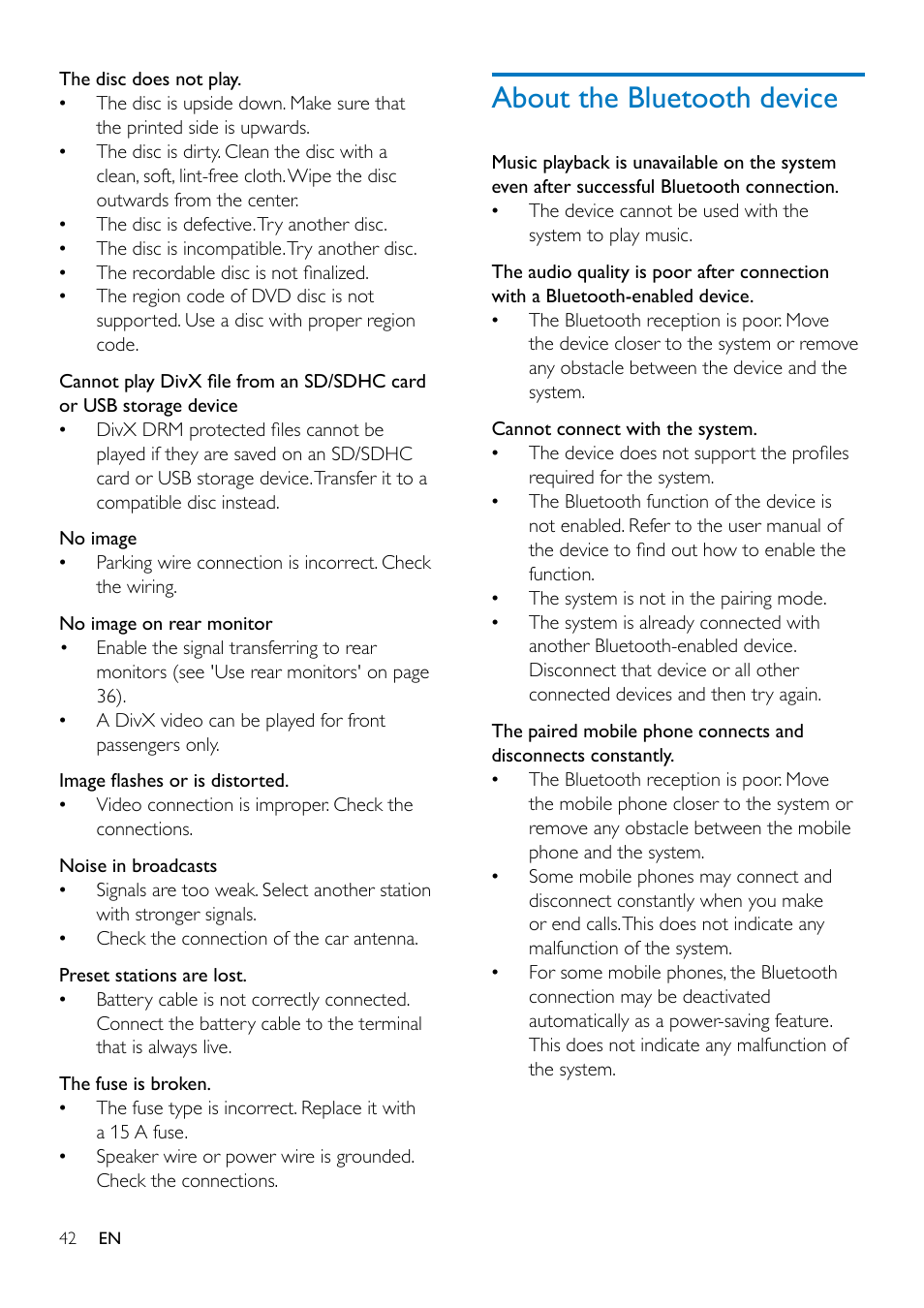 Set the rear view camera, Reset the system, Replace the fuse | About the bluetooth device | Philips CED1900BT User Manual | Page 44 / 47