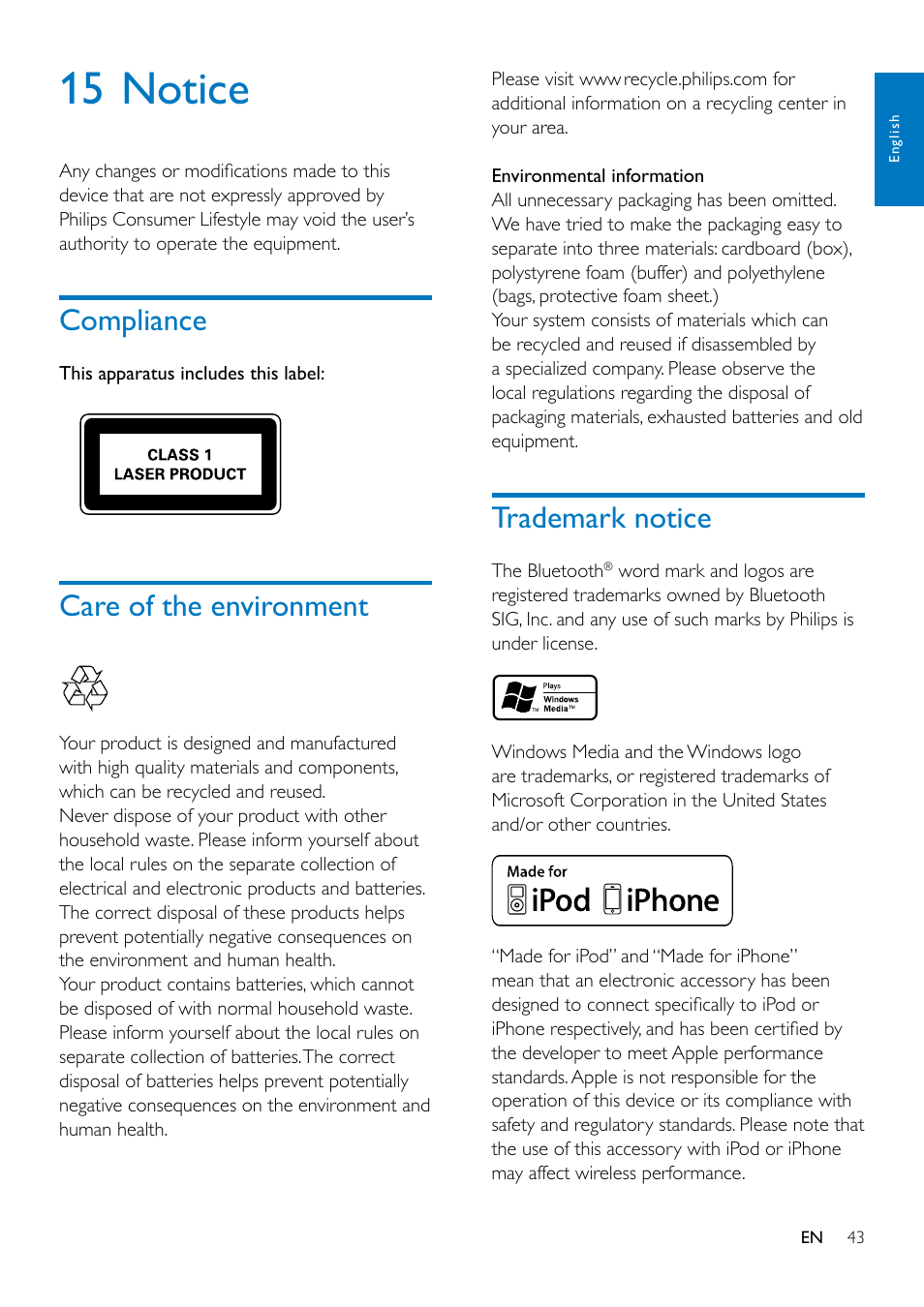 Upgrade the firmware, Register your product, Perform the upgrade | 15 notice, Compliance, Care of the environment, Trademark notice, Compliance 43 | Philips CED1900BT User Manual | Page 45 / 47