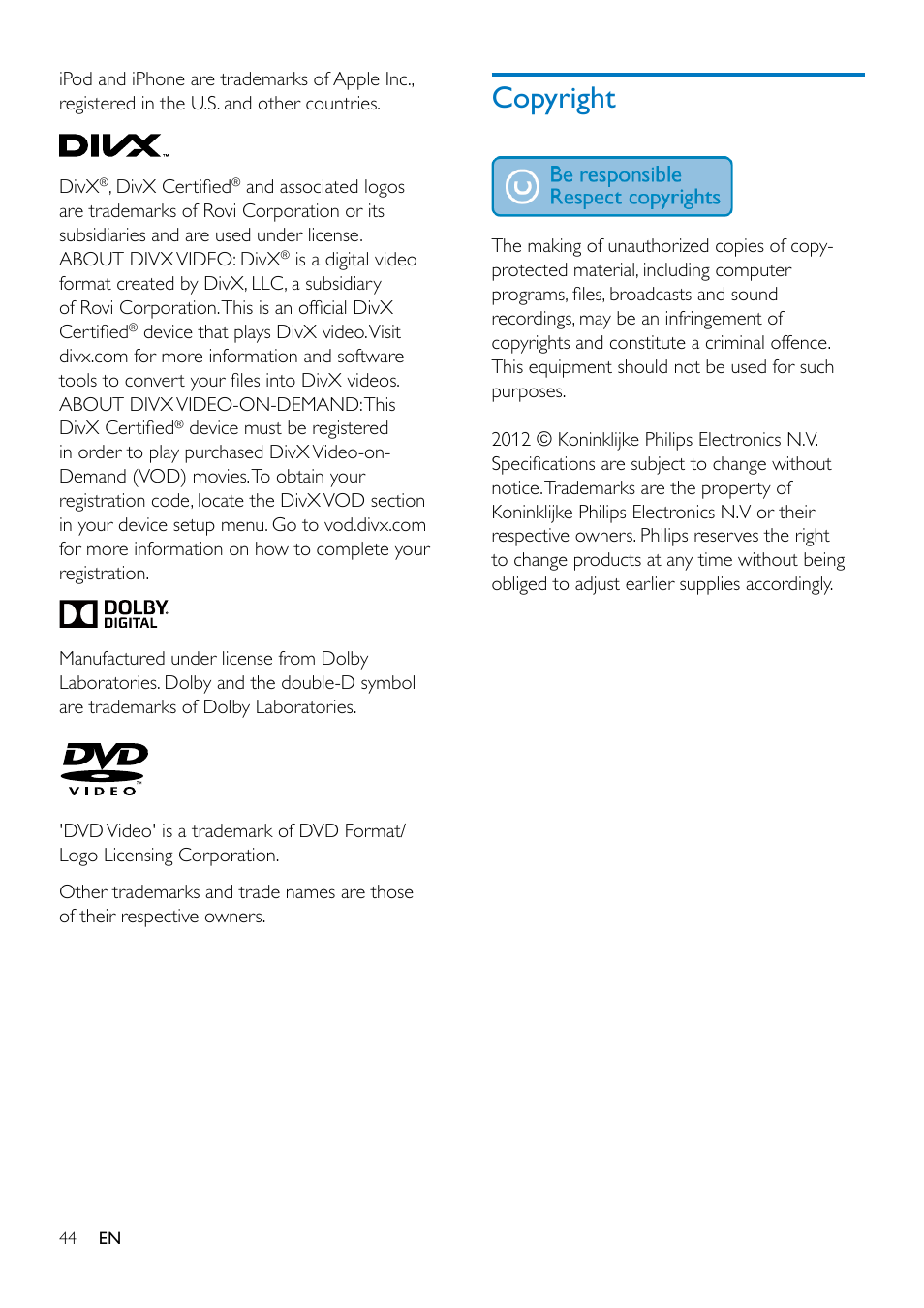 General, Disc player, Radio | Bluetooth, Usb playability information, 13 product information, Copyright, Copyright 44 | Philips CED1900BT User Manual | Page 46 / 47