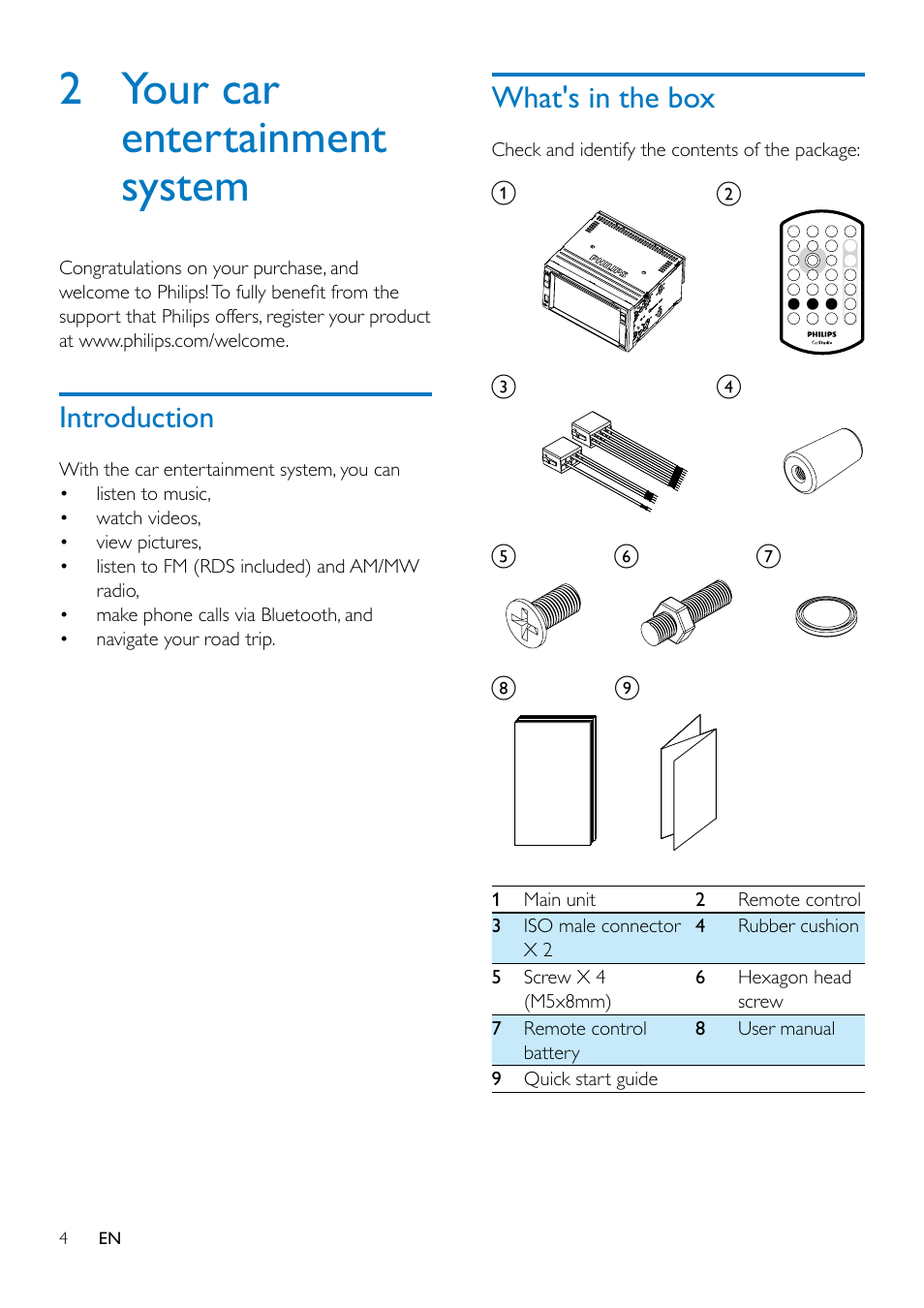 2 your car entertainment system, Introduction, What's in the box | Introduction 4 | Philips CED1900BT User Manual | Page 6 / 47